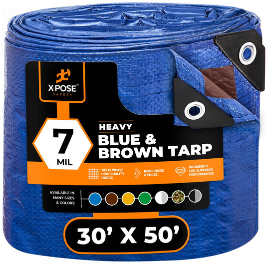 Xpose Safety 30’ x 50’ Heavy Blue/Brown Tarp - Waterproof - 7 Mil Weatherproof Camping Tarp for Tent, Rain, Wind & Sun - Plastic Tarpaulin Cover Outdoor for Roof, Trailer, RV, Car, Boat