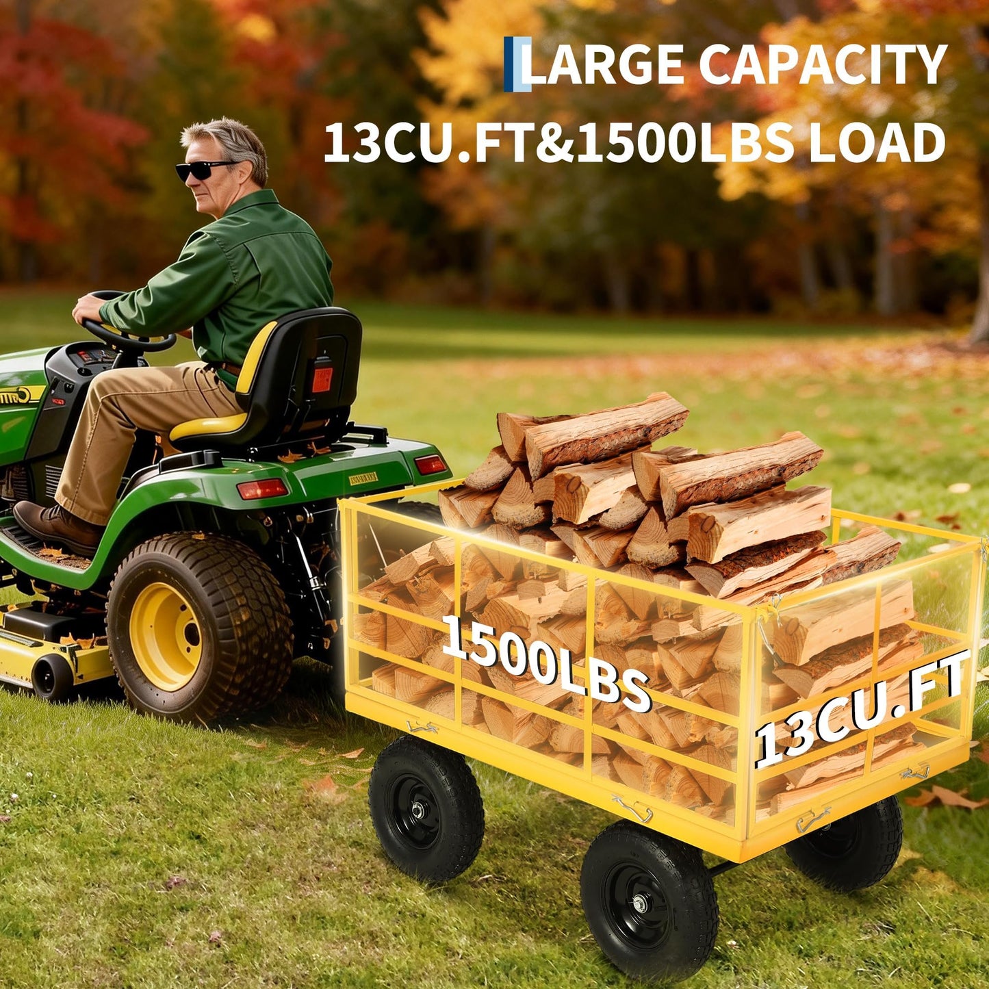 IDEALHOUSE 1500 lbs Steel Garden Cart, All Terrain Tires & 3-in-1 Utility Wagon with Removable Sides, 13cu ft Steel Yard Wagon Trailer for Lawn, Backyard, Firewood Gardening Soil, Tools
