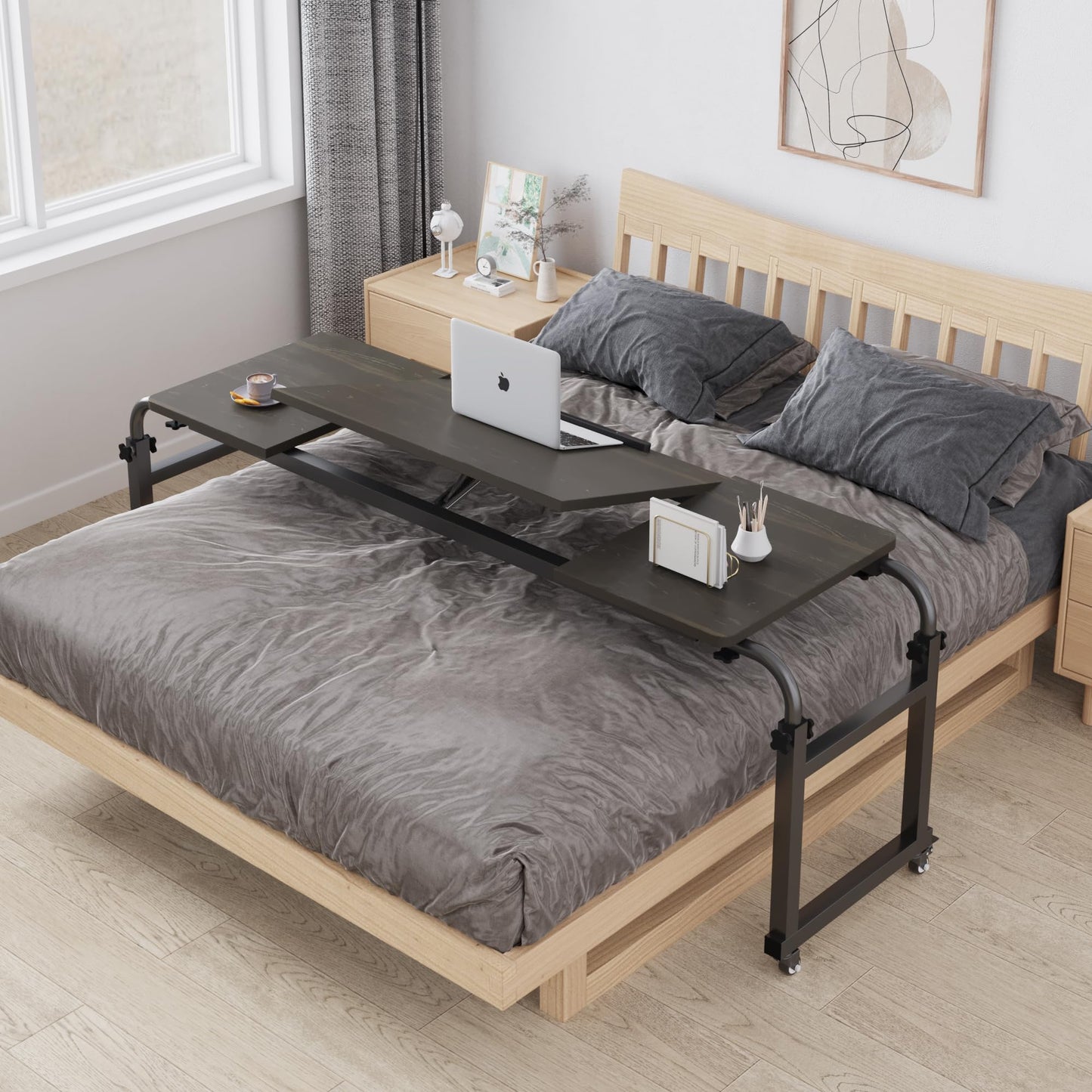 TigerDad Tilt Overbed Table with Wheels, Height Adjustable Rolling Desk for King Queen Bed, Tilting Laptop Cart Mobile Computer Workstation, Dekuwood