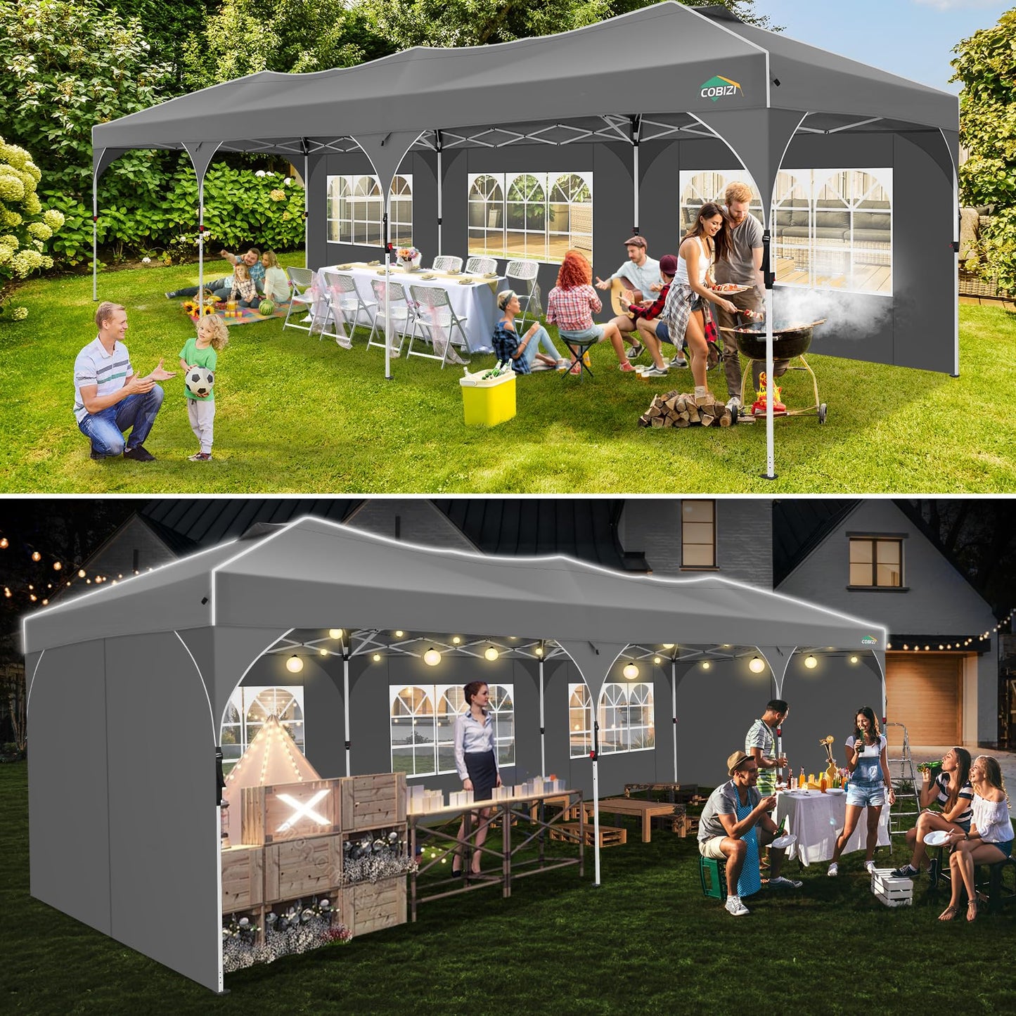 COBIZI 10x30 Pop Up Canopy Tent, Outdoor Party Tent with 5 Sidewalls, 1 Person Easy Set up, Tents for Parties with Fluorescent Strip & 4 Sandbags, Waterproof UPF50+, 3 Adjustable Height, Gray