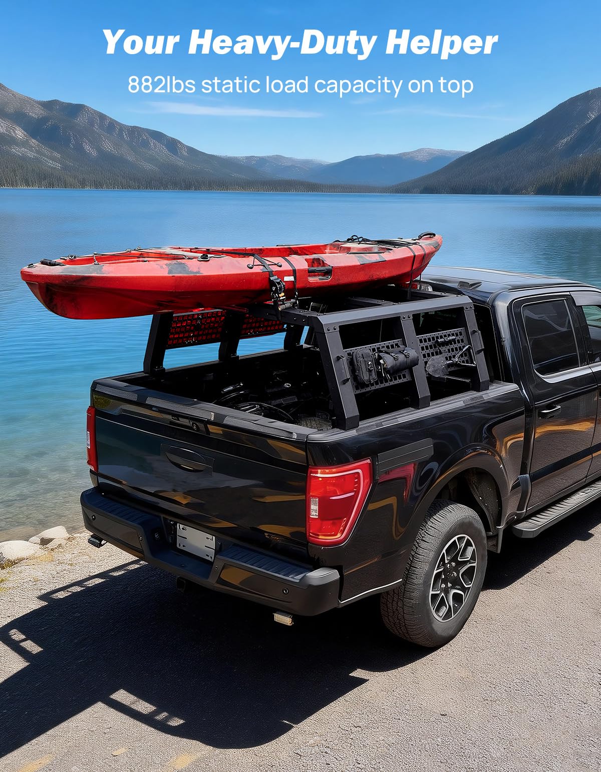 JOYTUTUS Full Size Truck Bed Rack, Overland Bed Racks for Trucks Compatible with F150 F250 F350 Silverado Sierra Ram, 18.8 Inch High Truck Bed Rack for Roof Top Tent, with LED Brake Light Molle Panel