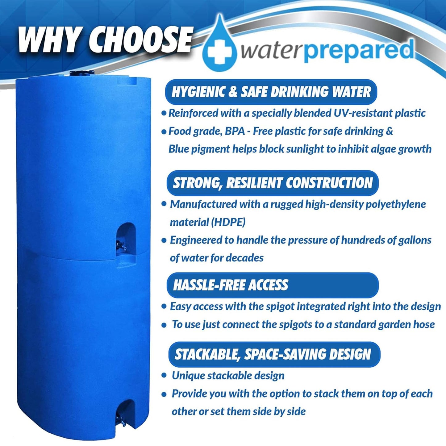 WaterPrepared Stackable Plastic Drinking Water Storage Tank with Spigots, 55 Gallon, Blue - Portable Emergency Hydration Container for Survival or Disaster Preparedness