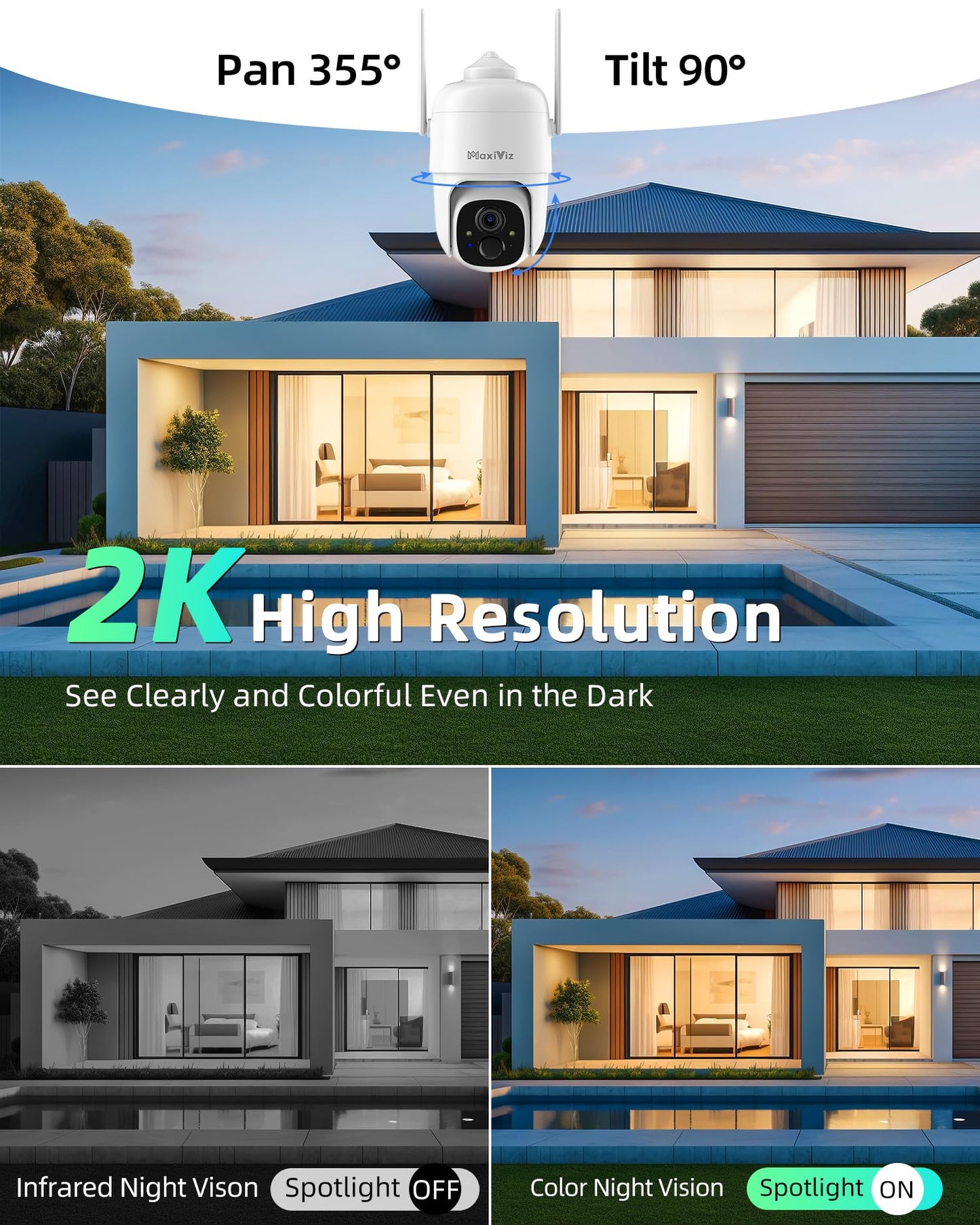 MaxiViz 2K Solar Camera Security Outdoor, 100% Wire-Free Security Cameras Wireless Outdoor with Solar Panel, 360° Panoramic View, Color Night Vision, AI Motion Detection, IP66 Weatherproof, 2 Pack