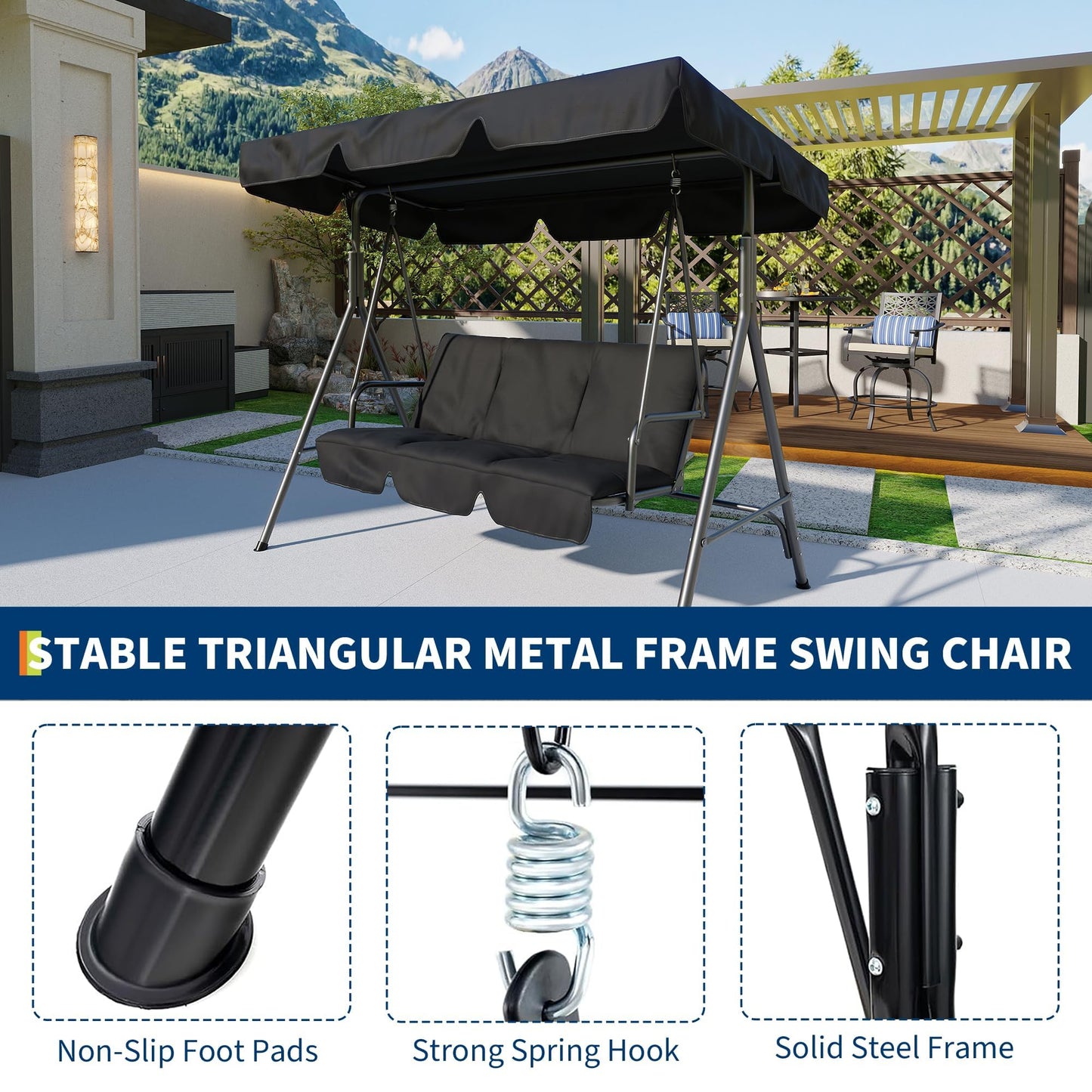 GarveeHome Outdoor Swing Chair with Adjustable Canopy, 3-Person Outdoor Patio Swing Chair with Heavy Duty Stand, Convertible Glider Swing Chairs for Deck, Lawn, Backyard, or Porch, Grey
