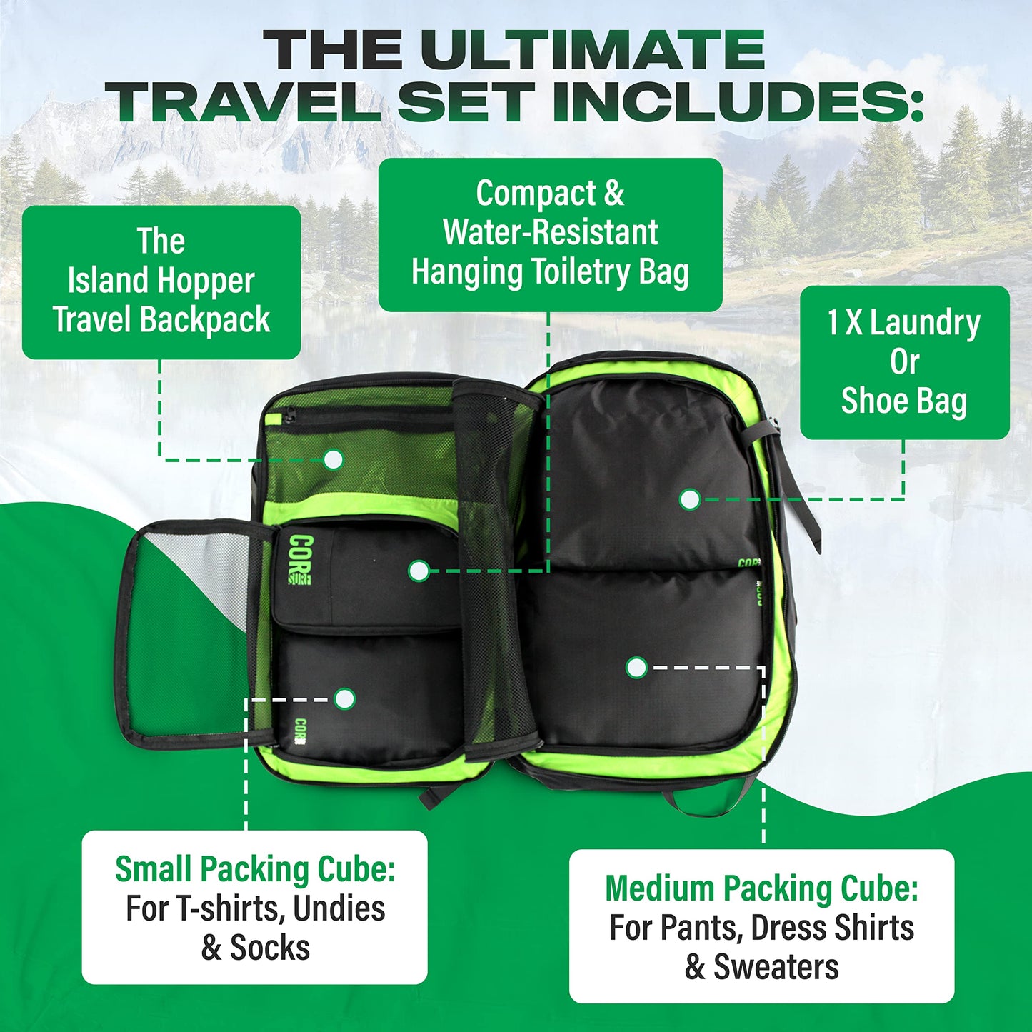 COR Surf Carry On Travel Backpack Bundle | Island Hopper Travel Backpack with Toiletry Bag and Compression Packing Cube Set (28L, Pink)