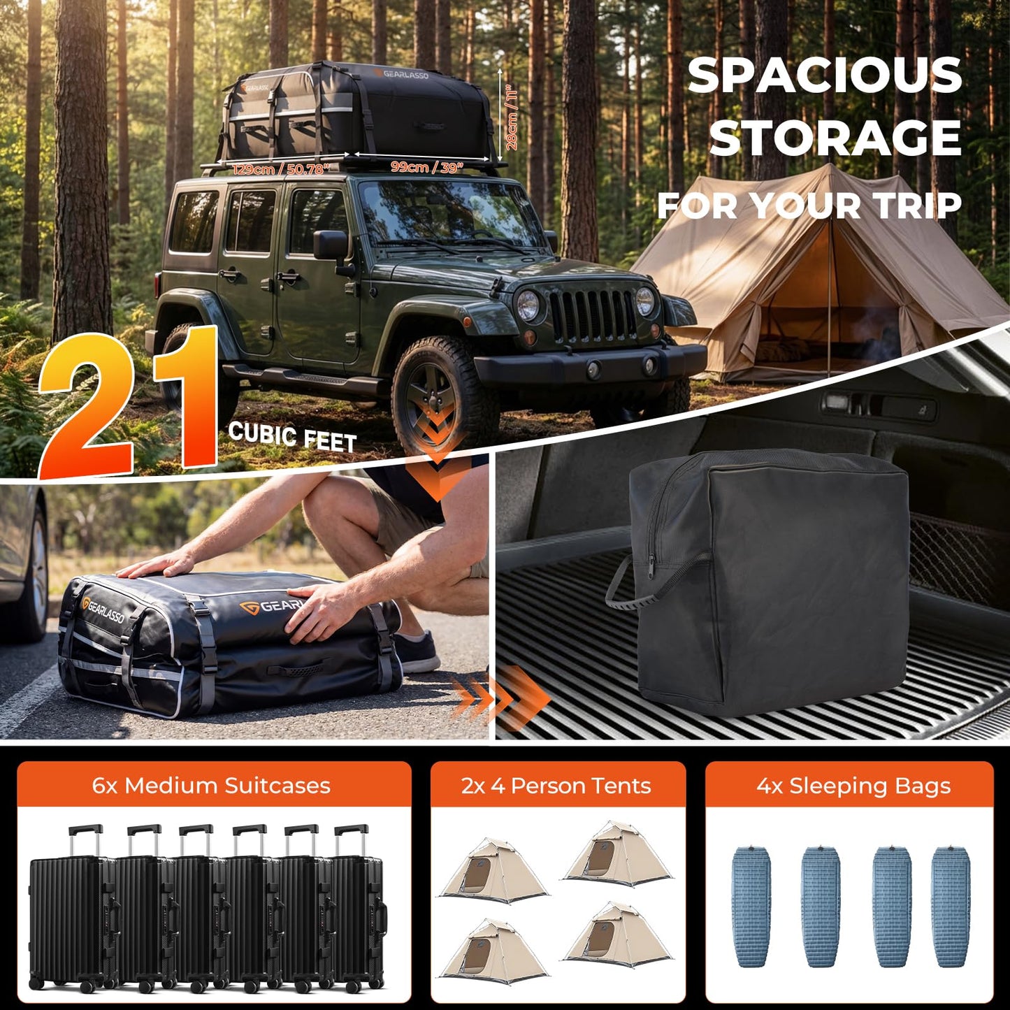 Car Roof Bag 21 Cubic Feet, Waterproof Rooftop Cargo Bag for Cars SUVs & Vans, 840D Heavy-Duty PVC, Universal Fit with or Without Roof Rack- Anti-Slip Mat，Combination Lock，6 Door Hooks，4 Extra Straps