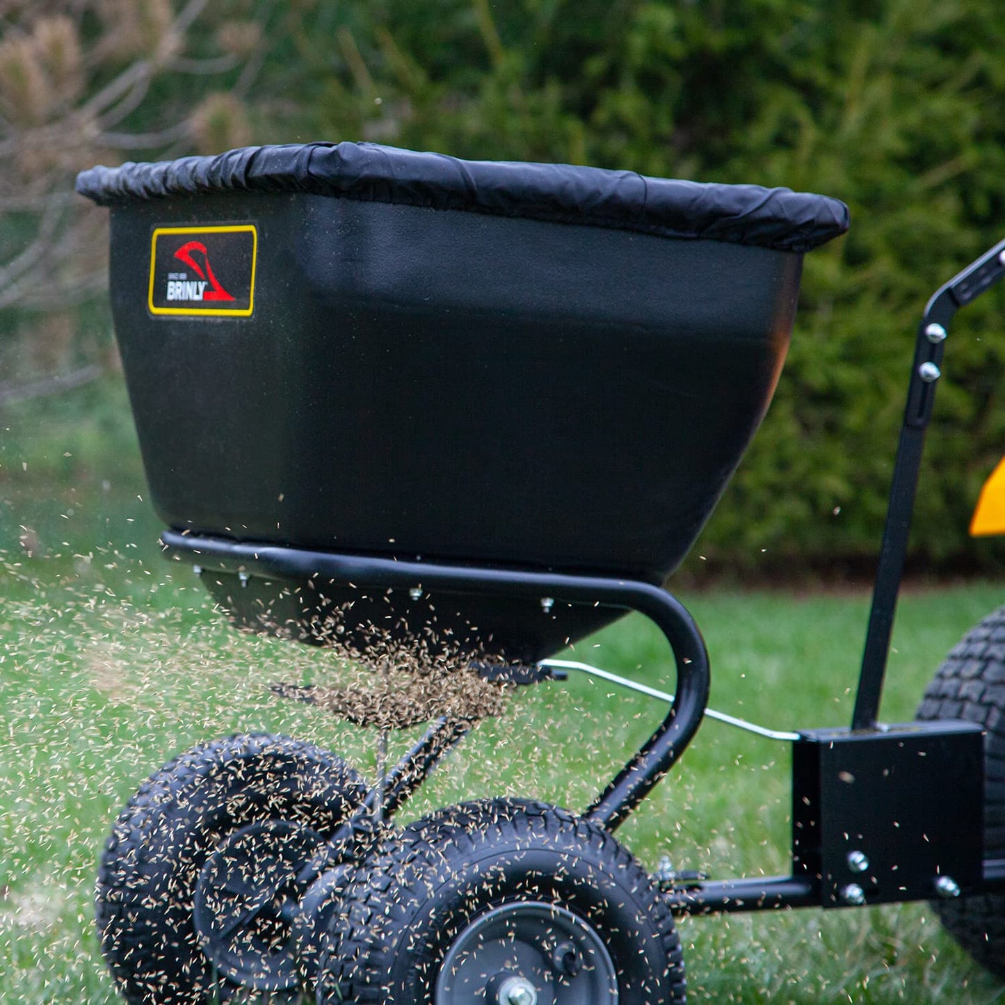 Brinly BS361BH-A Deluxe Tow Behind Broadcast Spreader with Extended Easy-Reach Handle and Weatherproof Cover, 175 lb.