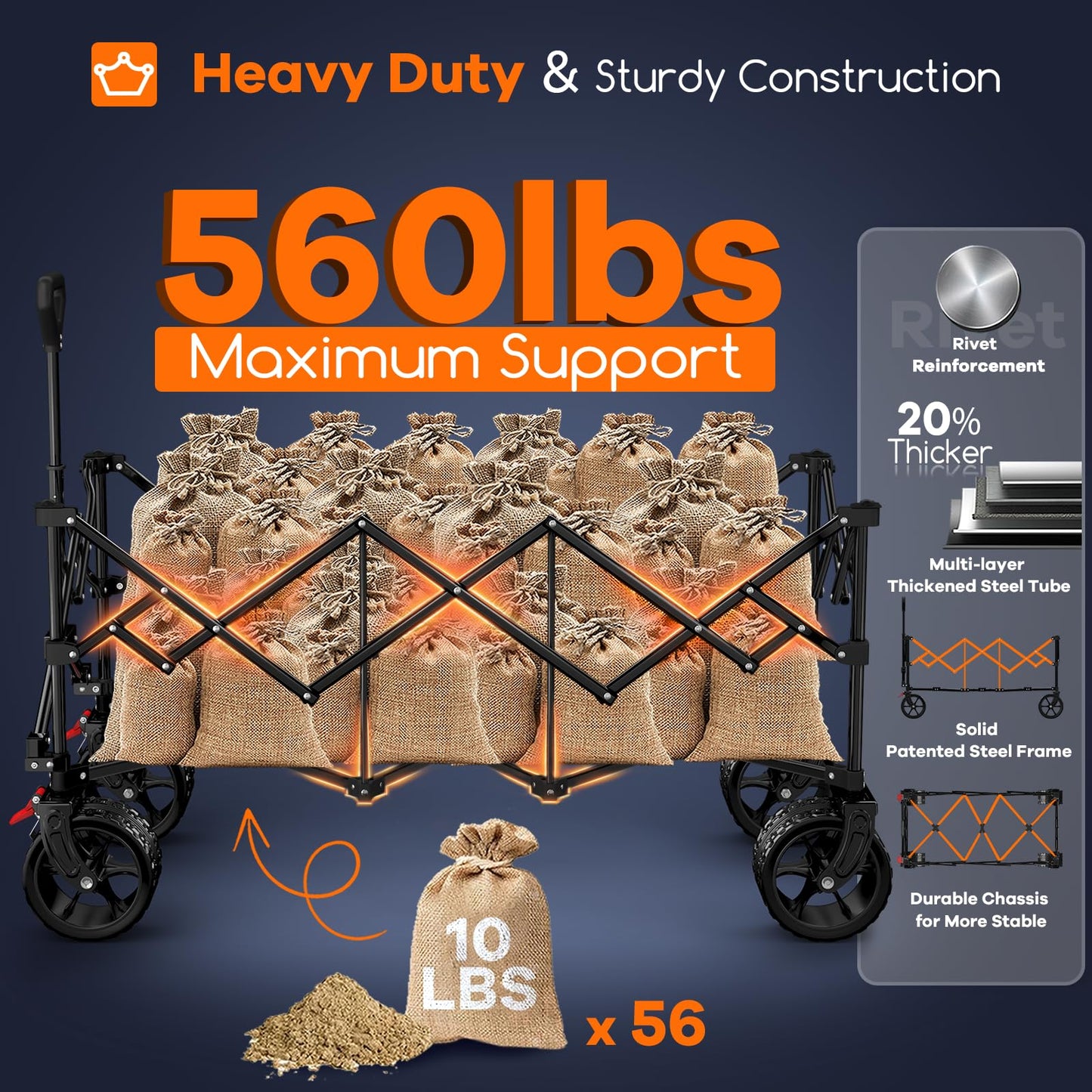 Originsure 48" L Collapsible Wagon Cart Foldable, 560lbs Weight Capacity 300L Heavy Duty Folding Beach Wagons with Big All-Terrain Wheels, Utility Carts for Groceries, Camping, Sports - Black