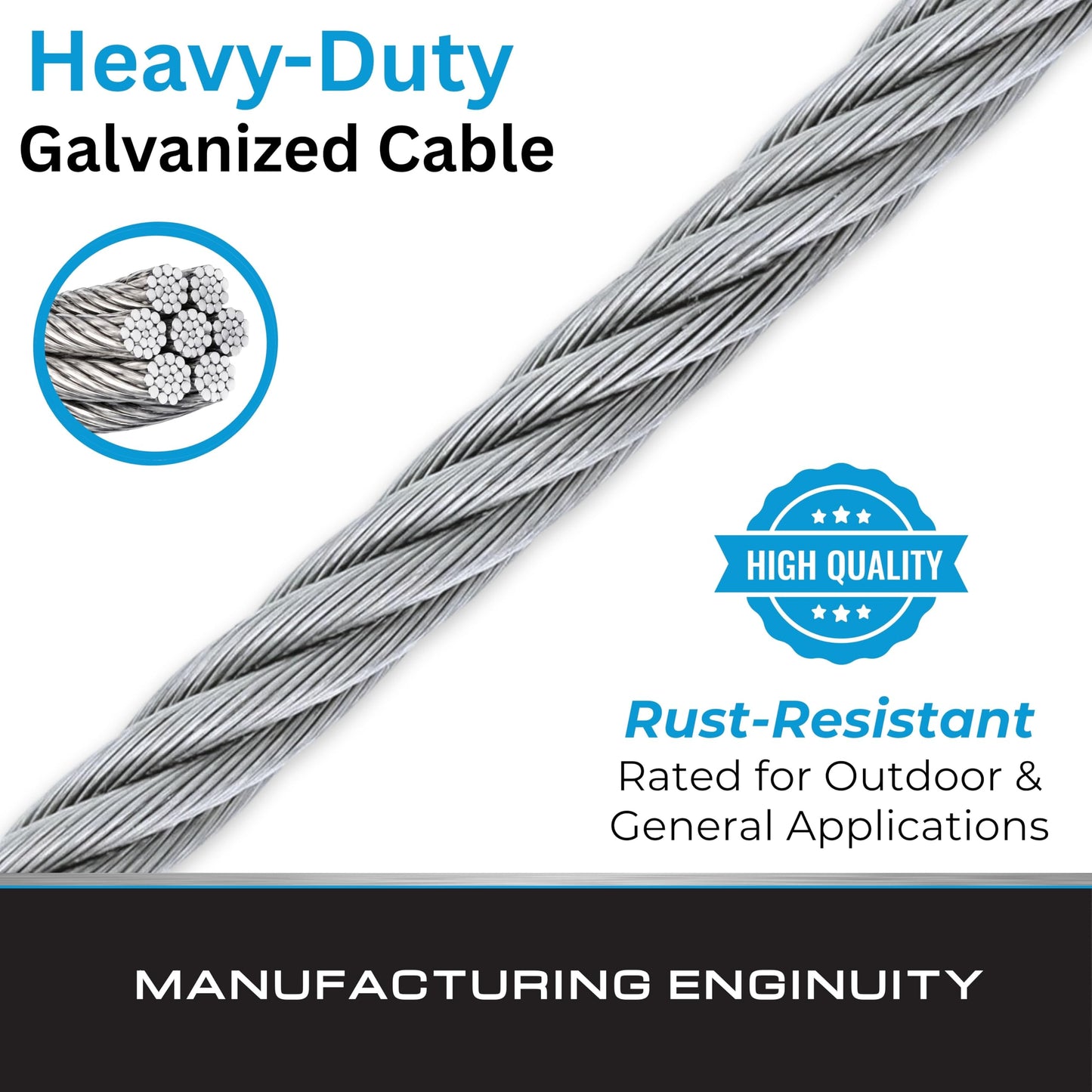Tie Down 1/8" 7x19 Galvanized Steel Aircraft Cable – 500 ft Reel | Wire Rope for Deck Railings & Garage Doors