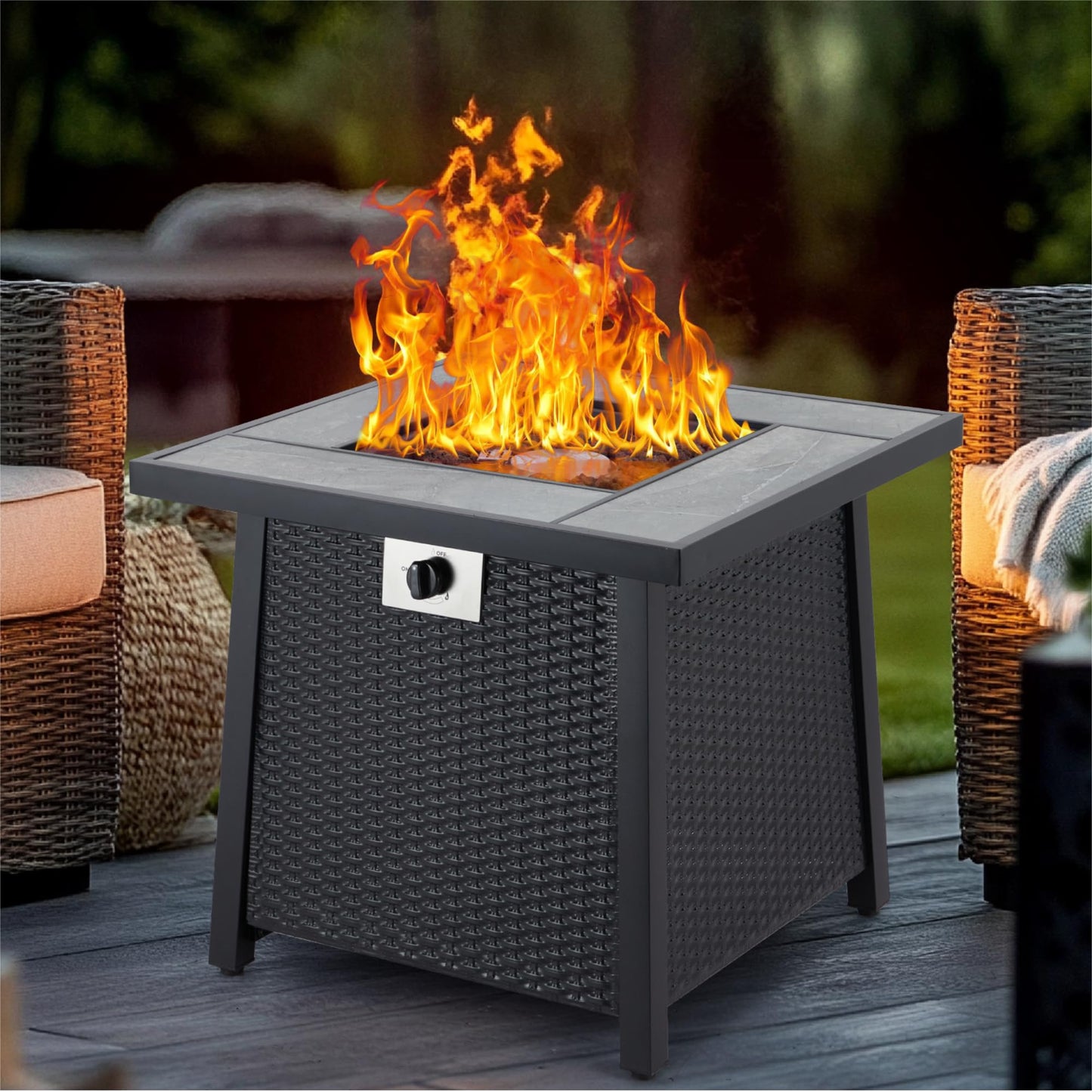 28 Inch Propane Fire Pit Table, 50000BTU Rectangle Fire Table with Cover, Sturdy Steel and Iron Fence Surface, CSA Safety Certified, Companion for Your Garden