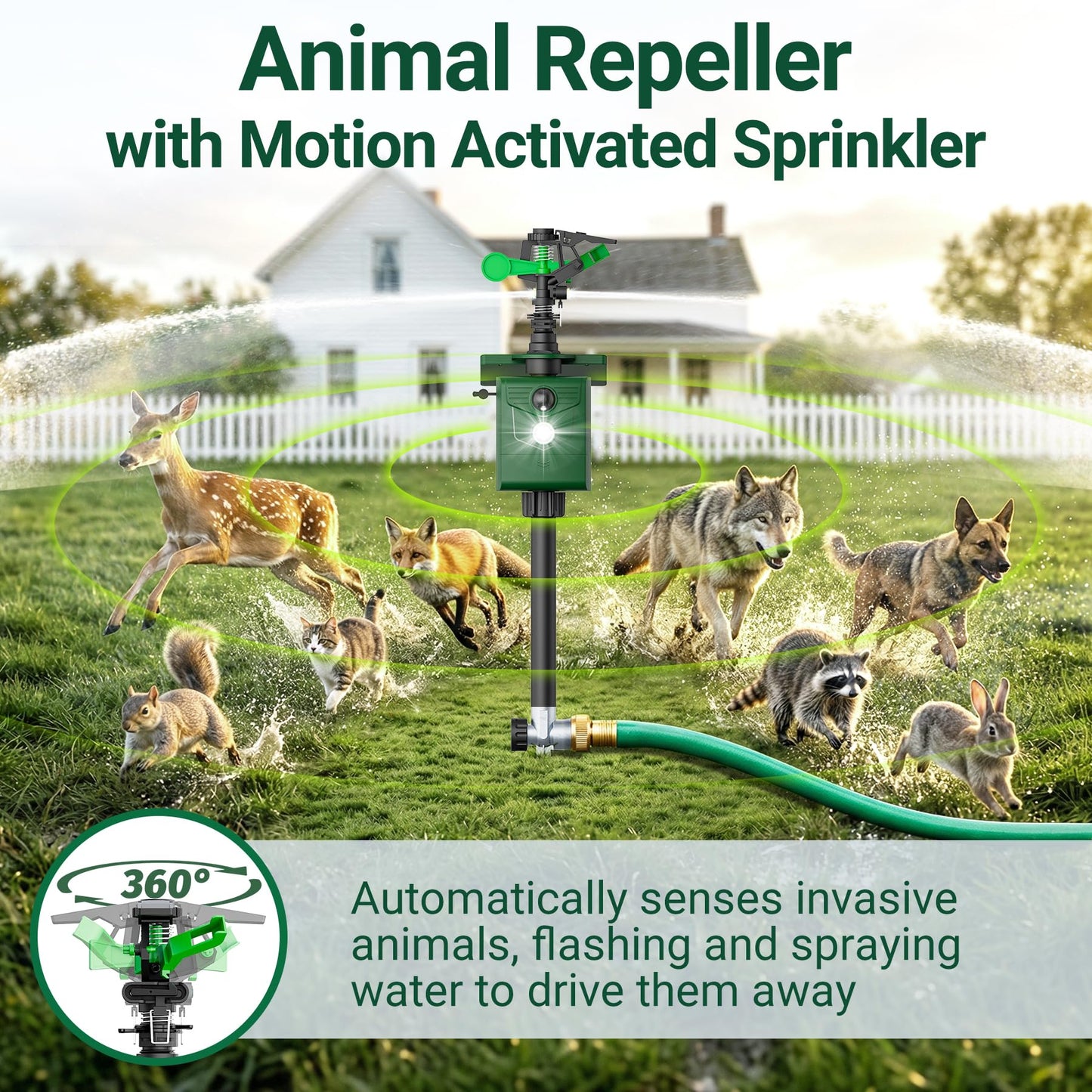 2 Packs Motion Activated Animal Repeller with Water Sprinkler, Solar Powered Deer Repellent Devices, IP65 Waterproof Cat Repellent Outdoor with Flashing Light, Deter Foxes Skunks Raccoons from Garden