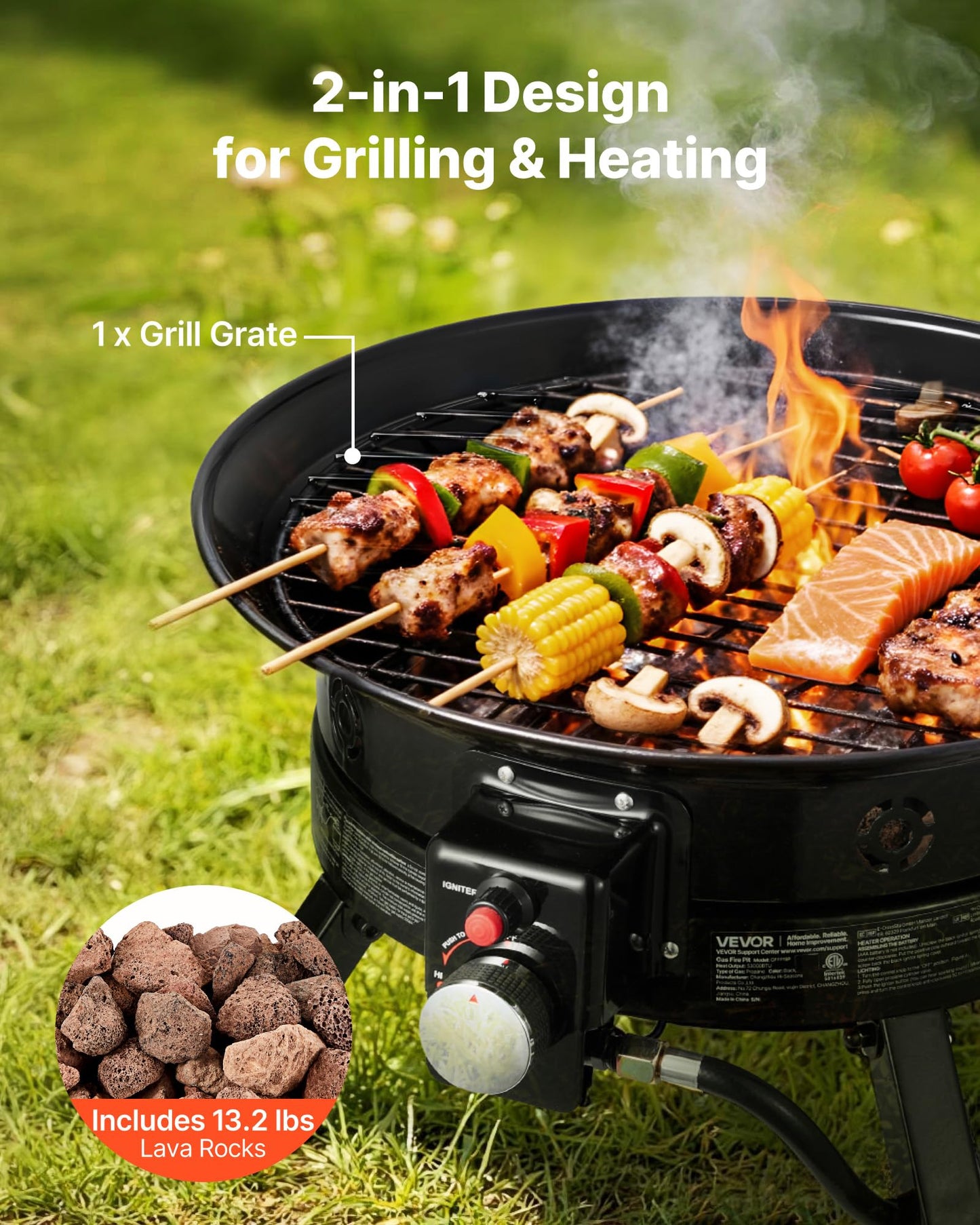 VEVOR Propane Fire Pit 24-Inch, 53,000 BTU Portable Gas Fire Pit, with Grill Grate & Lava Rocks, Adjustable Flame, Folding Legs,Smokeless Outdoor Firebowl for Camping, Patio, Backyard, Deck, RV, Black