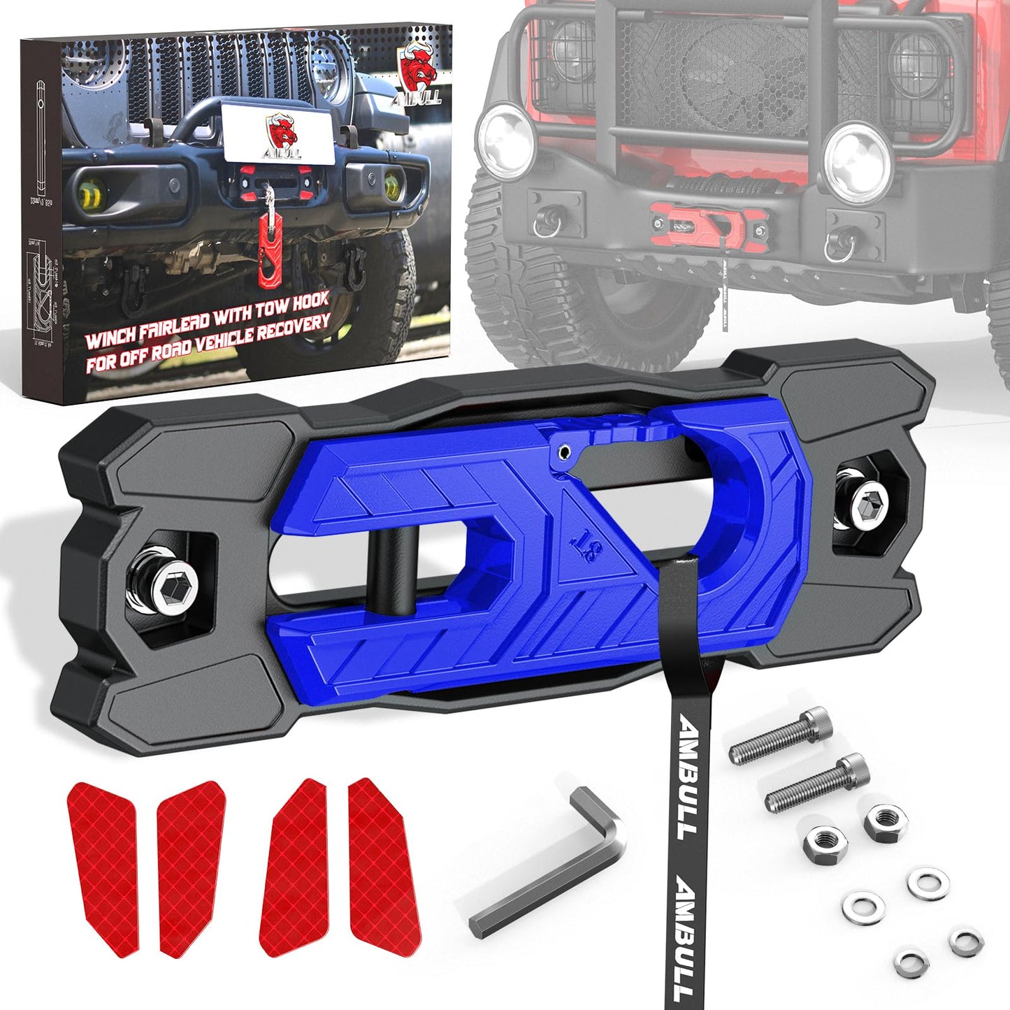 AMBULL Winch Fairlead with Tow Hook, Aluminum Hawse Fairlead with Grade 80 Forged Steel Winch Hook, 33000lb Break Strength Winch Fairlead Hook Set for Off-Road Vehicle Recovery, BlackBlue