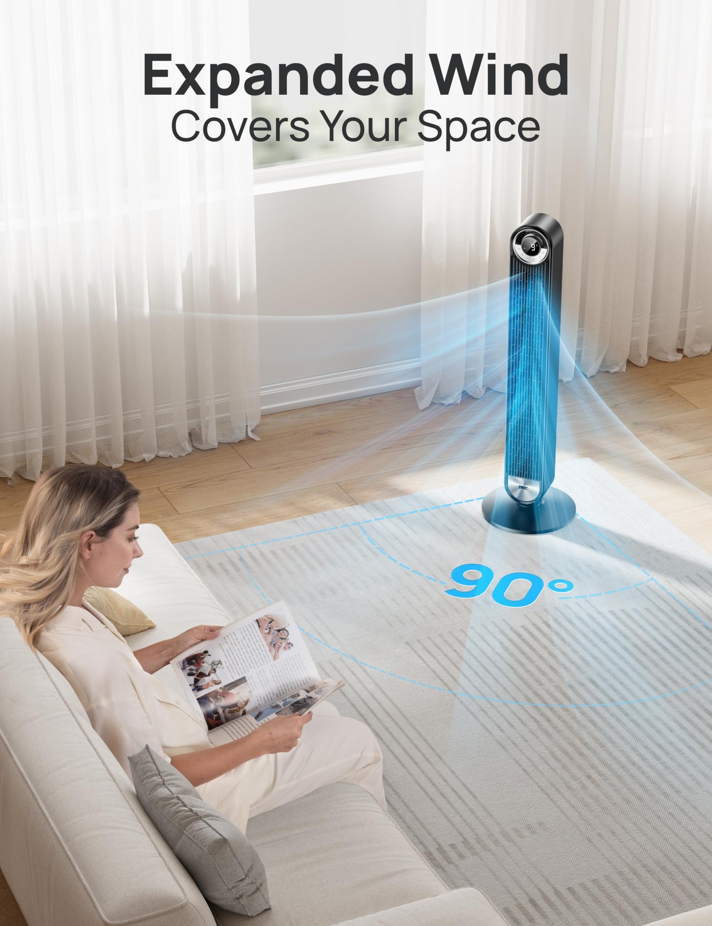 DREO Tower Fan for Bedroom, Upgraded DC 9 Speeds 20dB Ultra-Quiet Floor Fan, 90° Oscillating Fans with 28ft/s Velocity, 12H Timer, Standing Fan, Bladeless Fan Powerful for Home, Black