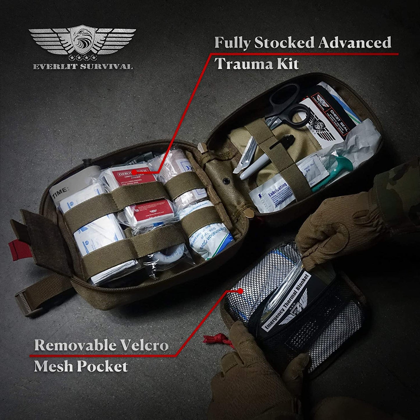 EVERLIT Advanced Emergency Trauma Kit, CAT GEN-7 Tourniquet Mil-Spec Nylon Laser Cut Pouch with 36" Splint, Military Combat Tactical IFAK for First Aid Response Bleeding Control (OD Green)