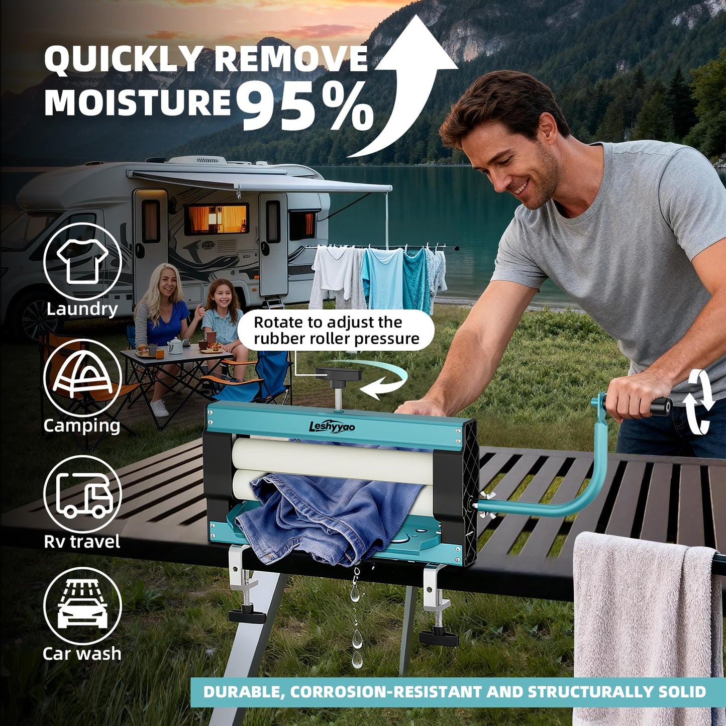 Leshyyao Hand-Crank Clothes Wringer – Rotary Dryer with Thick Drum, Removes Moisture from Towels, Jeans & Suede – Perfect for Off-Grid, Camping & Emergency Prep(Blue)