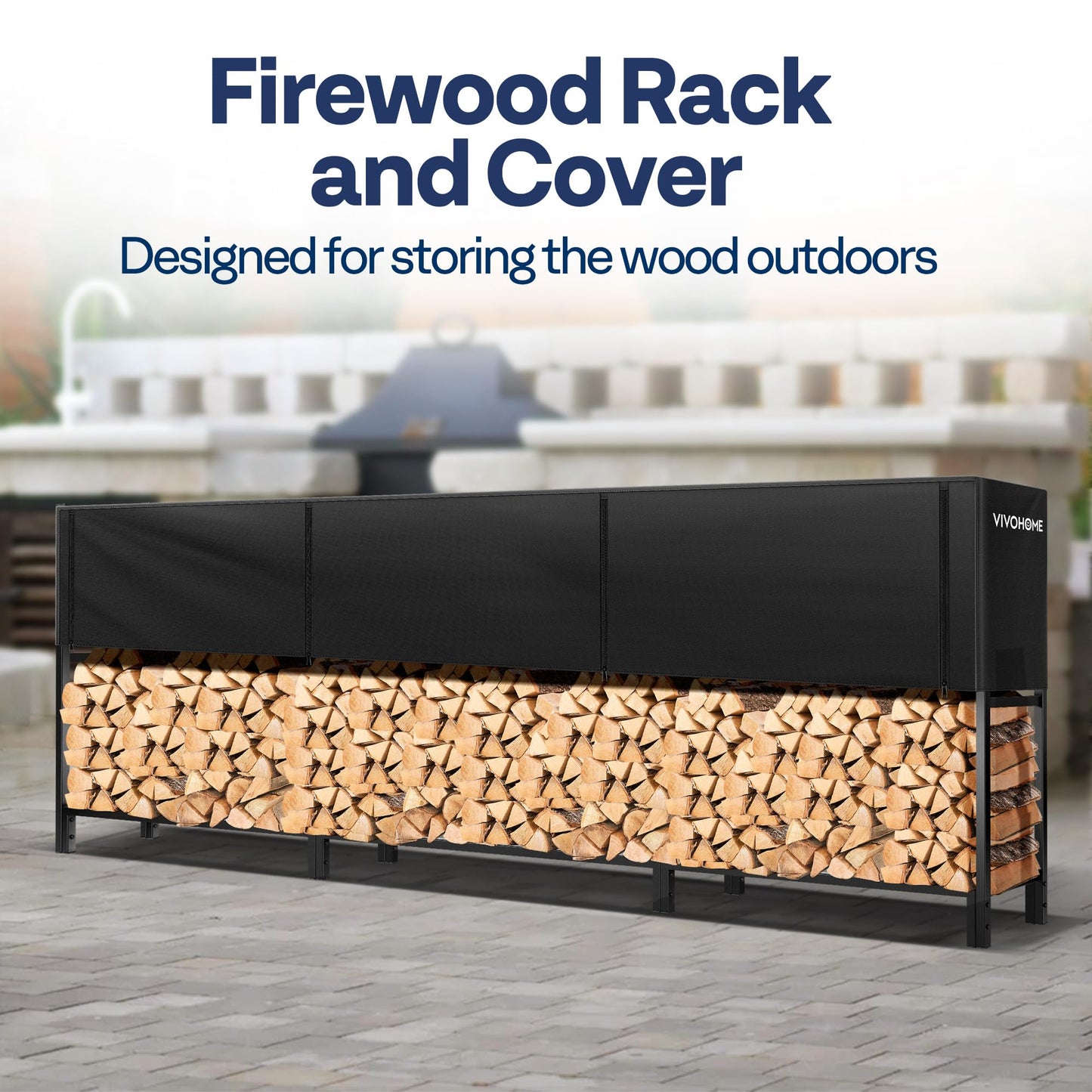 VIVOHOME Upgraded Heavy Duty 12 ft 3/4 Cord Firewood Rack Outdoor with Cover Combo Set 12ft Waterproof Firewood Log Rack Cover, Heavy Duty 600D Oxford Outdoor Weather Resistant