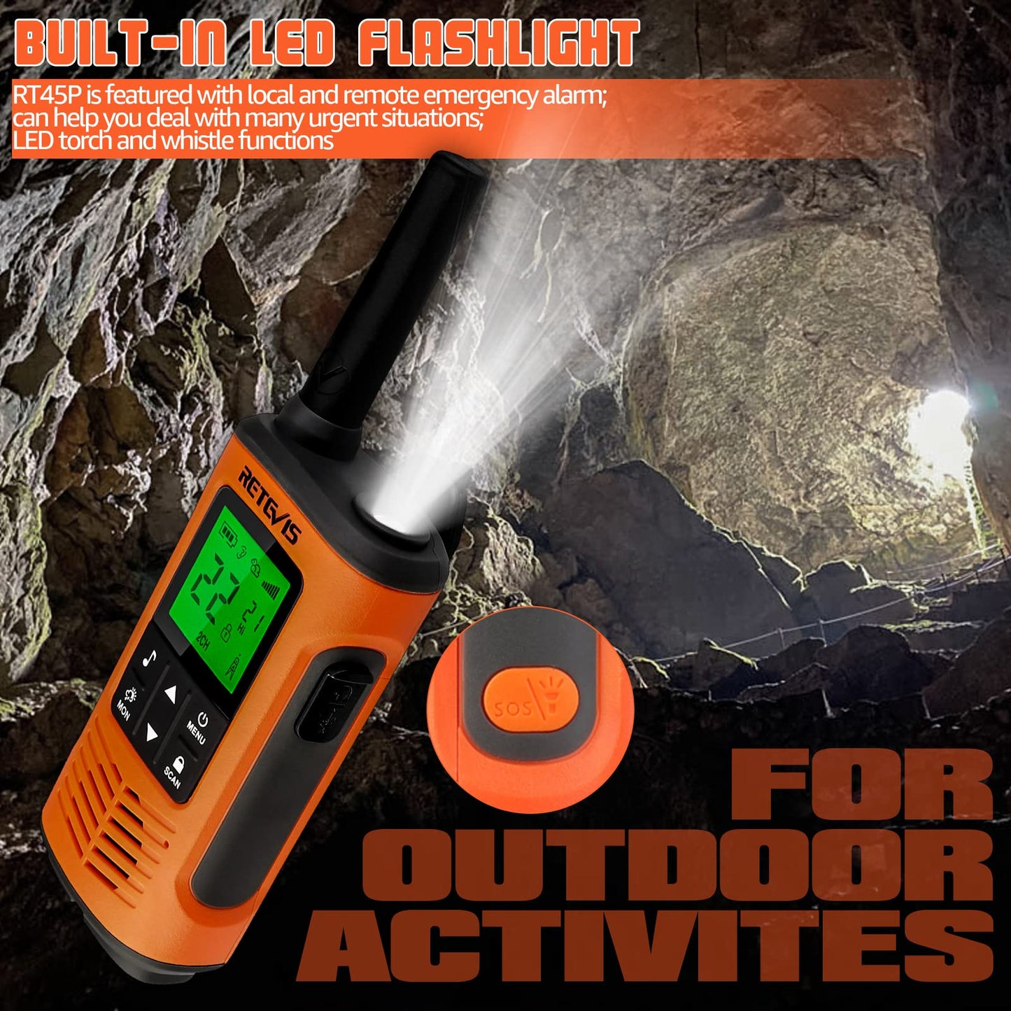 Retevis RT45P Waterproof 2 Way Radio, Long Range Walkie Talkie, IP67, 1000mAh, NOAA Weather Alert, SOS Alarm, USB-C, Rechargeable Two Way Radios for Kitesurfing, Beach 4 Pcs