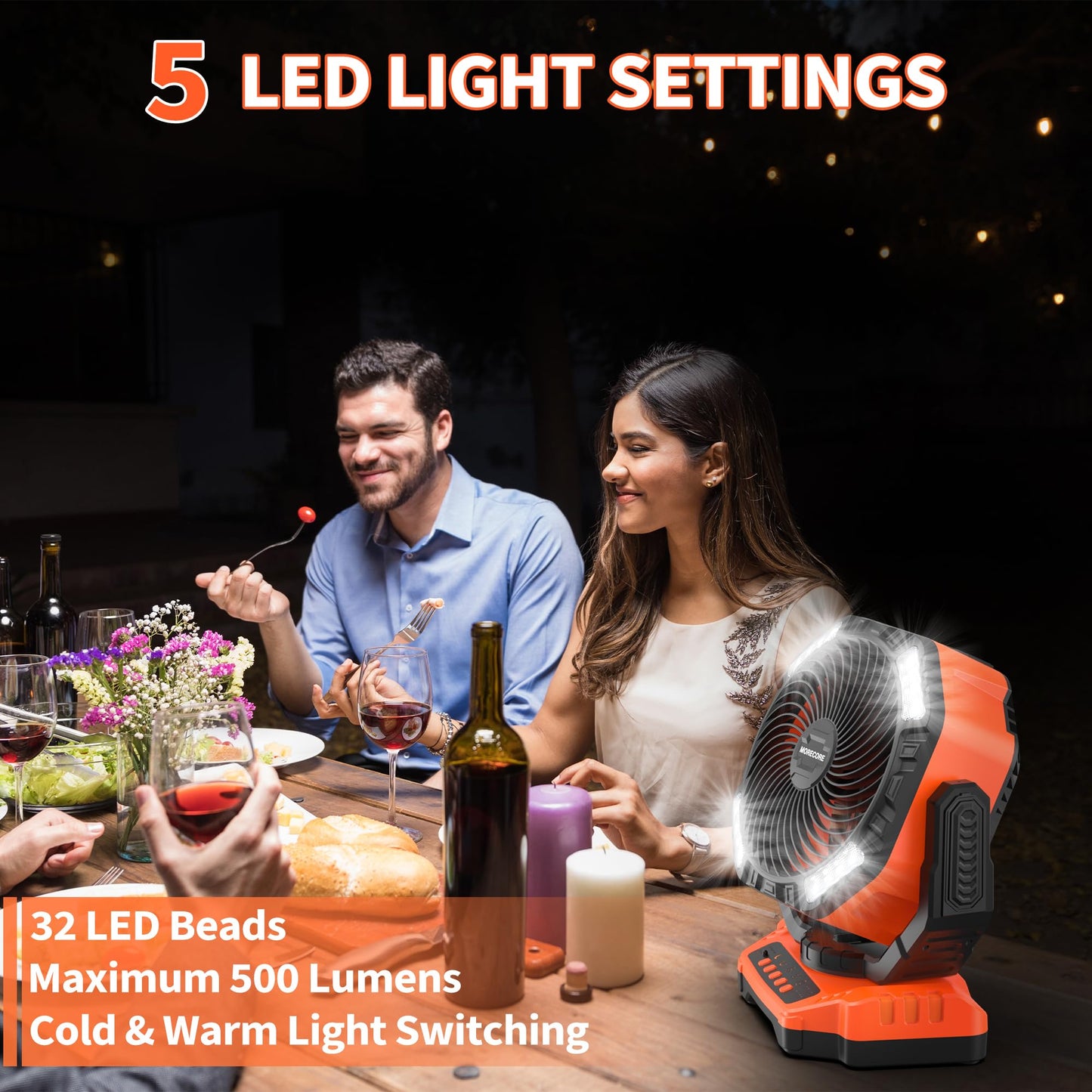 MORECORE 68HRS Running Camping Fan with Light, 20000mAh Battery Rechargeable, Powerful 4 Speeds & Auto Oscillating, with Timer & Hook, for Travel Tent RV Emergency Hurricane Jobsite Garage-Orange