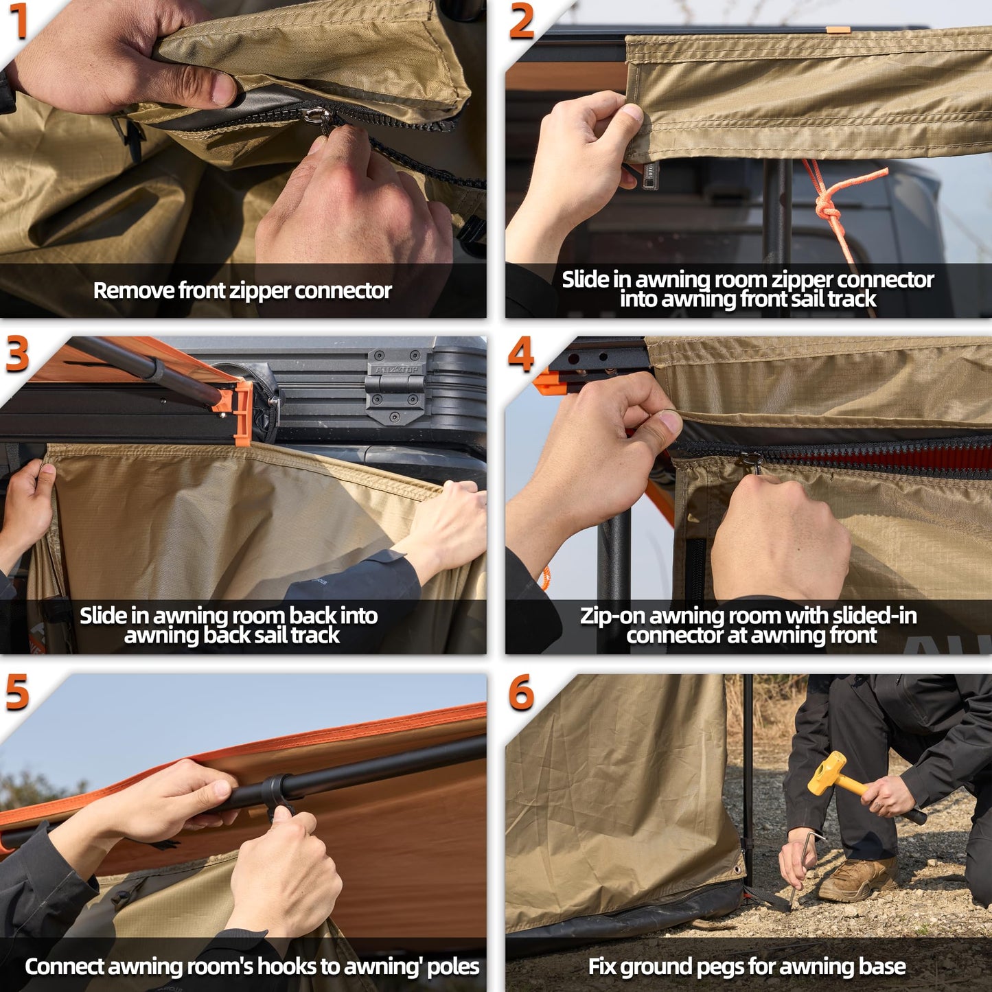 ALL-TOP Awning Room with Floor 8.2' x 8.2' Rip-Stop 210D Oxford Awning Tent with Bug-Resistance Mesh, Waterproof Sun Shelter for Overland, Camping(Black Coating, Room Only)