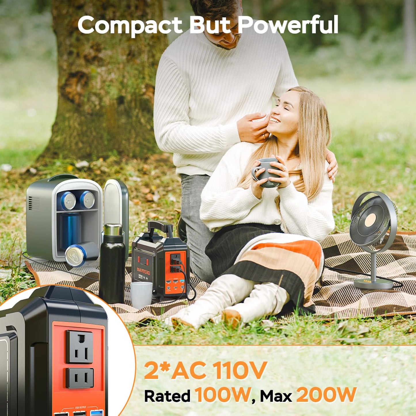 MARBERO Portable Power Station 100W Camping Solar Generator 162.8Wh Power Bank with AC Outlet 110V with Multi-Output LED Flashlights for CPAP Home Camping Hurricane Emergency