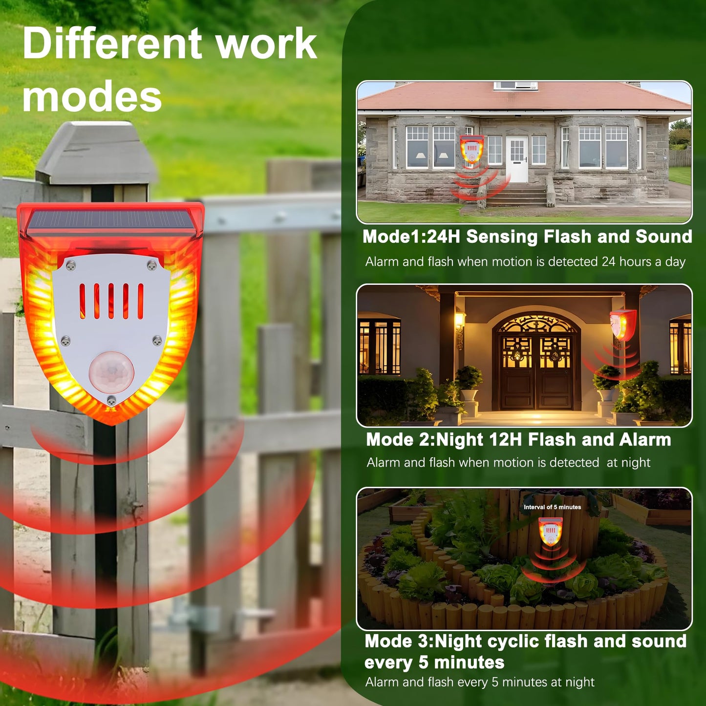 QXMH Solar Outdoor Motion Sensor Alarm: 129db Dog Barking & Gunshot Sound,Loud Motion Detector Noise Maker,Barking Dog Alarm Strobe Light Warning Lamp for Home Yard Barn