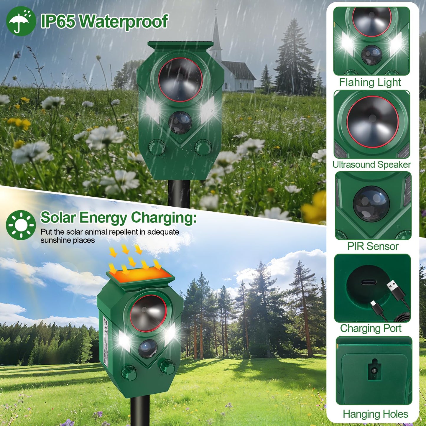 Ultrasonic Animal Repeller Outdoor,Cat Repellent & Deterrent with PIR Sensor & Flashing Light,Solar Powered Deer Repellent Device for Squirrels,Raccoons,Skunks,Rabbits,and Dog,IP65 Waterproof - 4 Pack