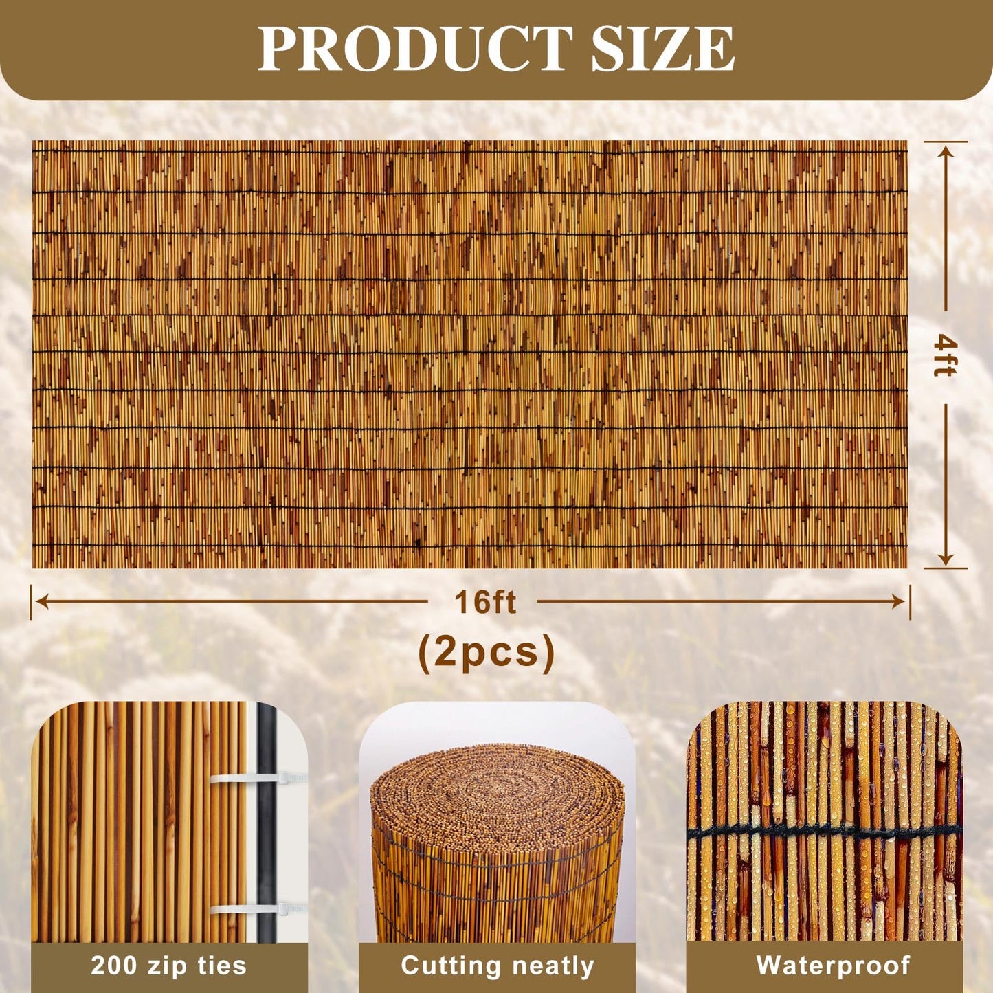Reed Fencing Rolls,Patio Privacy Screen,Decorative Bamboo Fence Rolls for Patio Balcony Garden Backyard Outdoor,4x16FT(2Pcs)