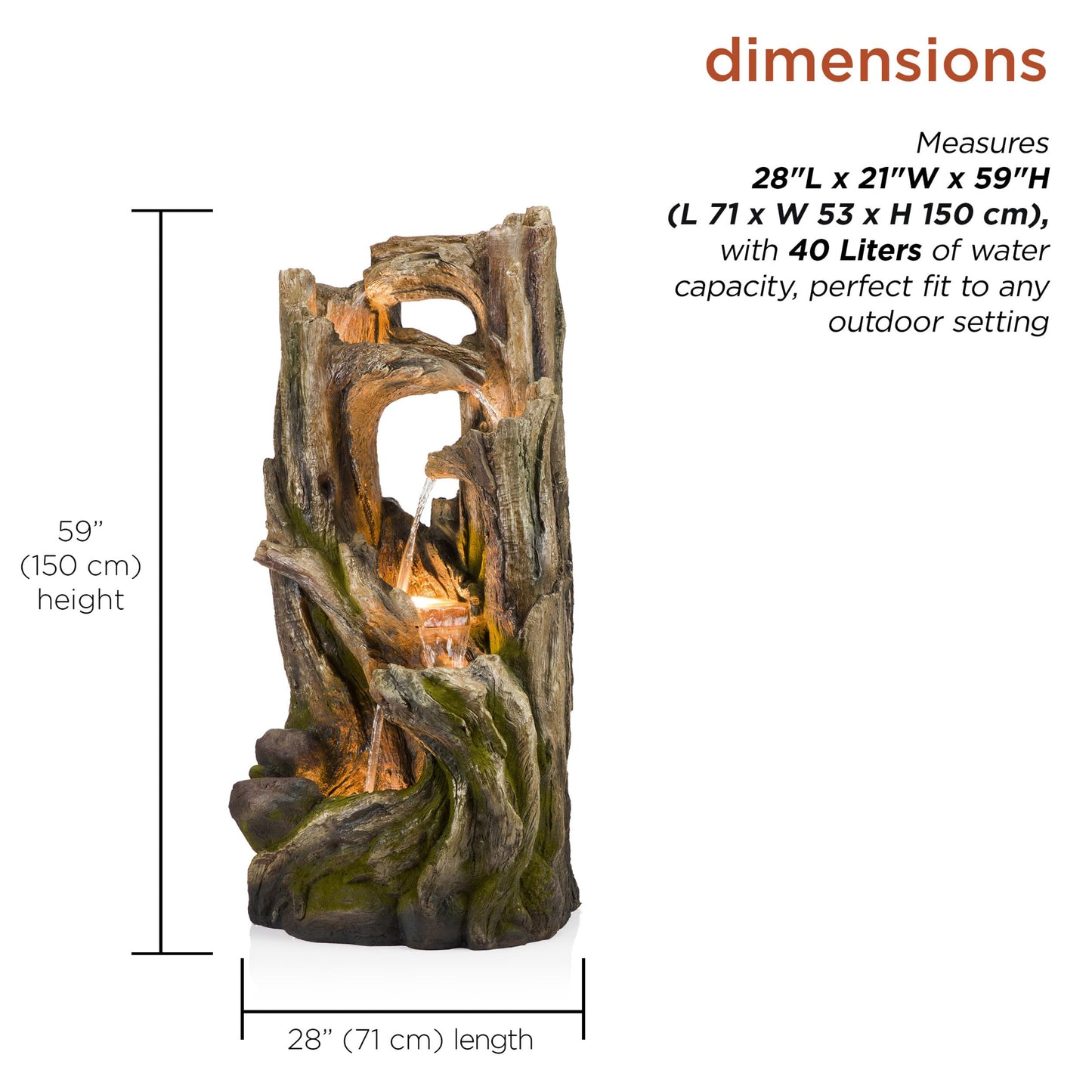 Alpine Corporation WIN1520 59" Indoor/Outdoor Floor 5-Tiered Tree Bark Water Fountain, Cascading Mossy Wood Waterfall Feature for Garden, Patio, and Yard, Brown