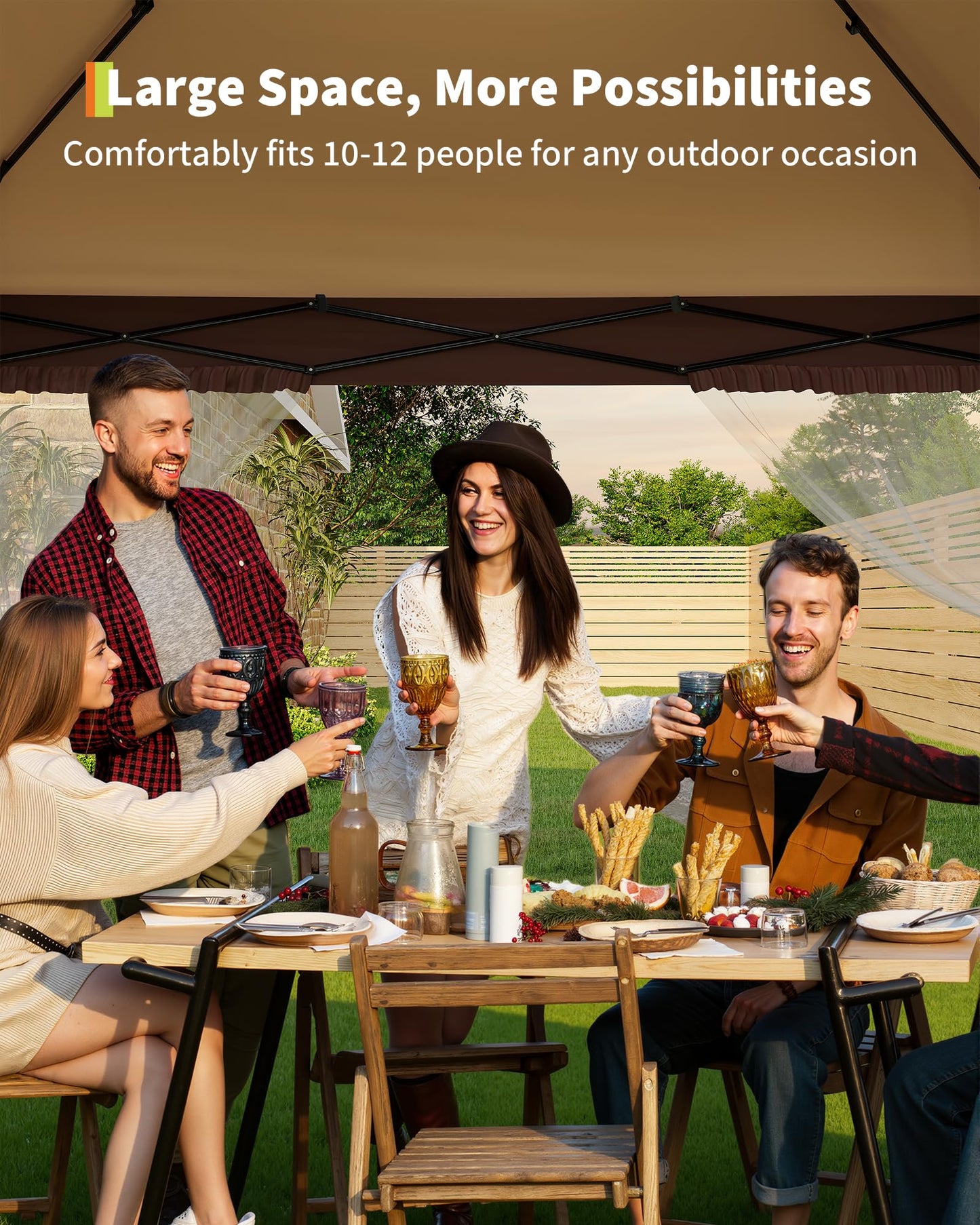 Garvee 12x12FT Pop Up Gazebo with Mosquito Netting, Outdoor Canopy Tent Easy Setup for Backyard Patio Garden Deck, Khaki & Coffee