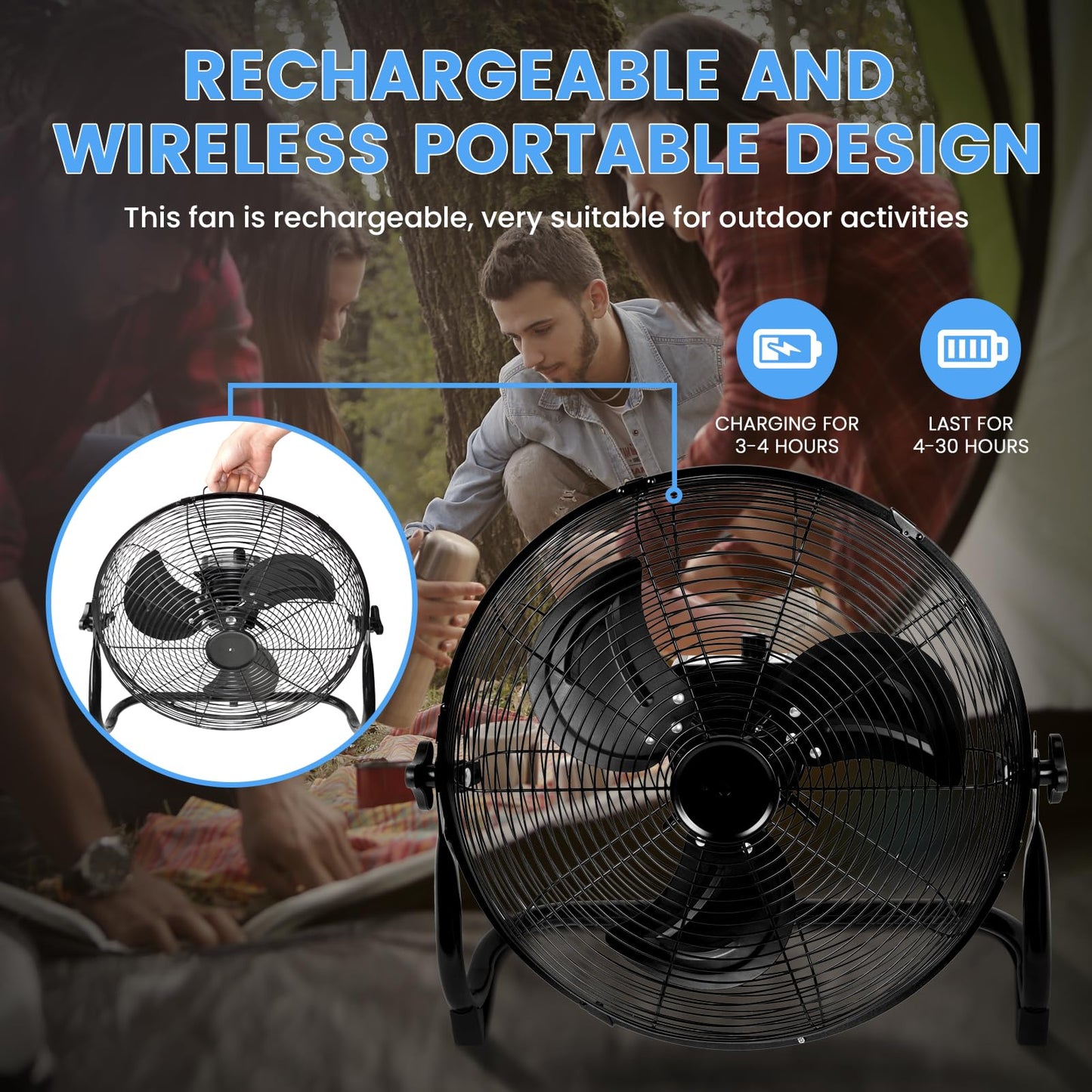 Simple Deluxe 12 Inch Battery Operated Floor Fan, Rechargeable Powered High Velocity Fan with Metal Blade, Portable Cordless Floor Fan for Outdoor, Camping, Travel