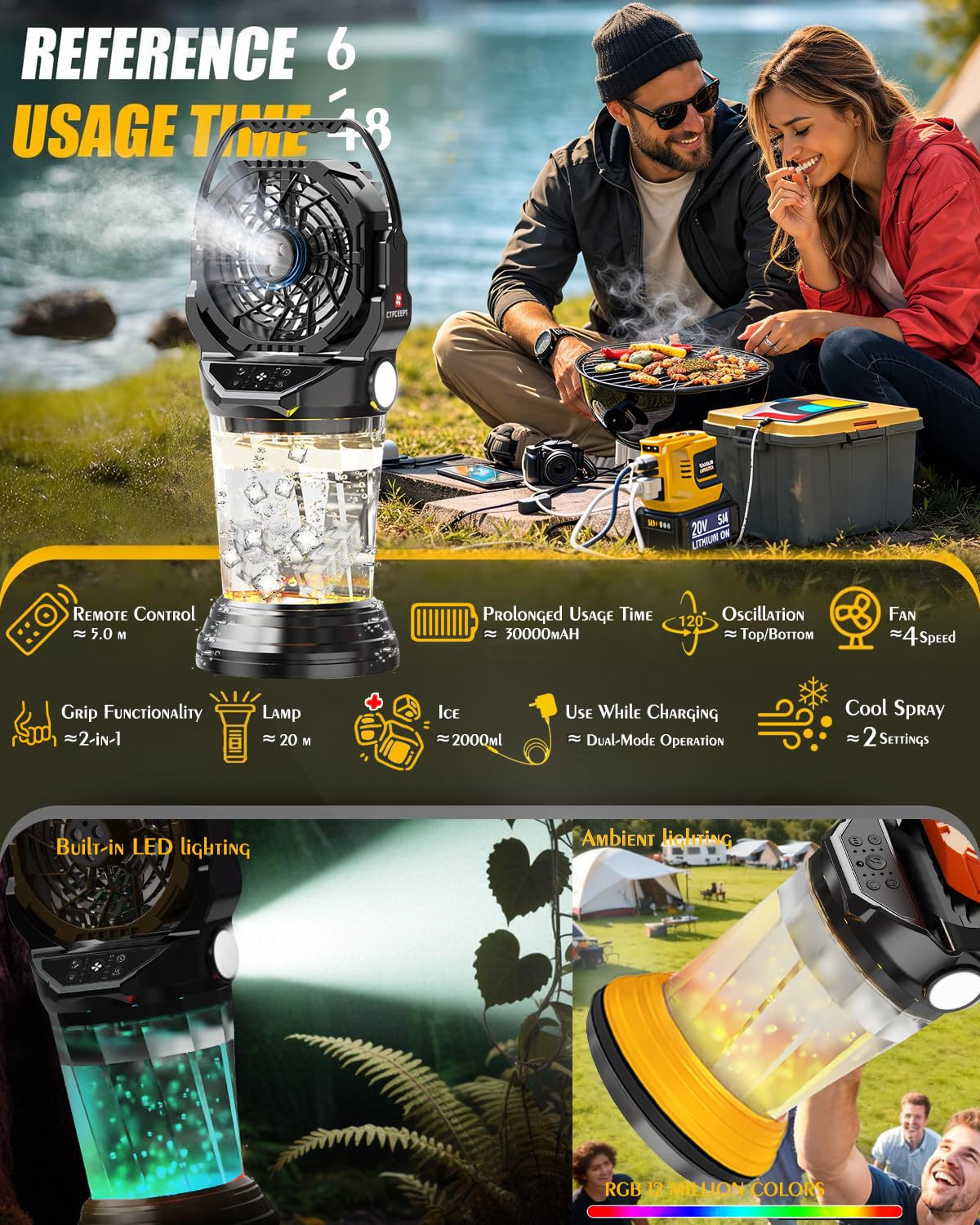 2026 New Portable Misting Fan with 30000mAh Rechargeable Battery, 120° Auto Oscillating Battery Powered Fan, 4 Speeds Spray Fan with LED Battery Indicator for Camping, Patio, Outdoor, Travel (yellow)