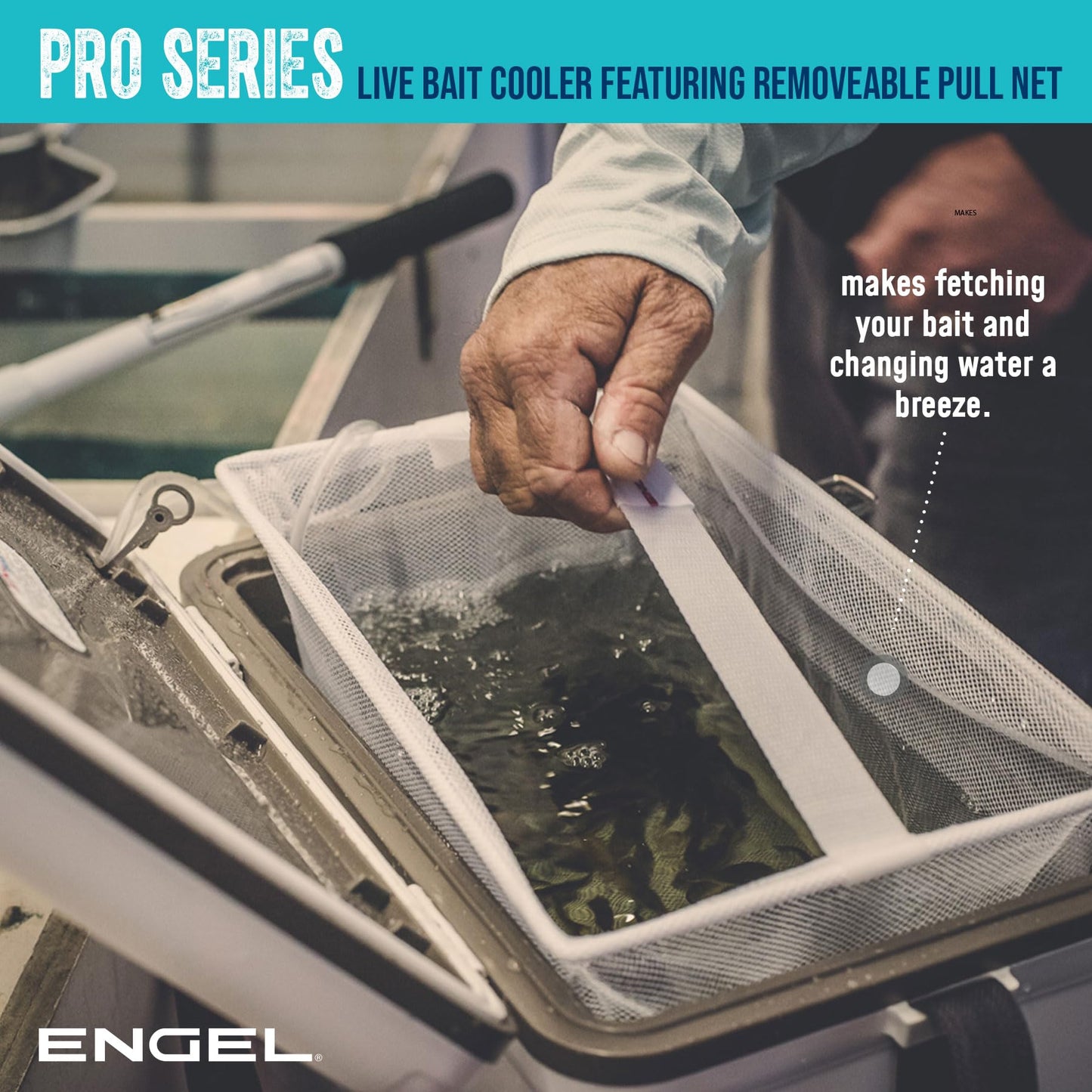 ENGEL 30 Quart Live Bait Cooler PRO for Fishing - Portable Minnow and Bait Bucket with Lithium-Ion Rechargeable Aerator with 4 Rod Holders - Silver (30QT)