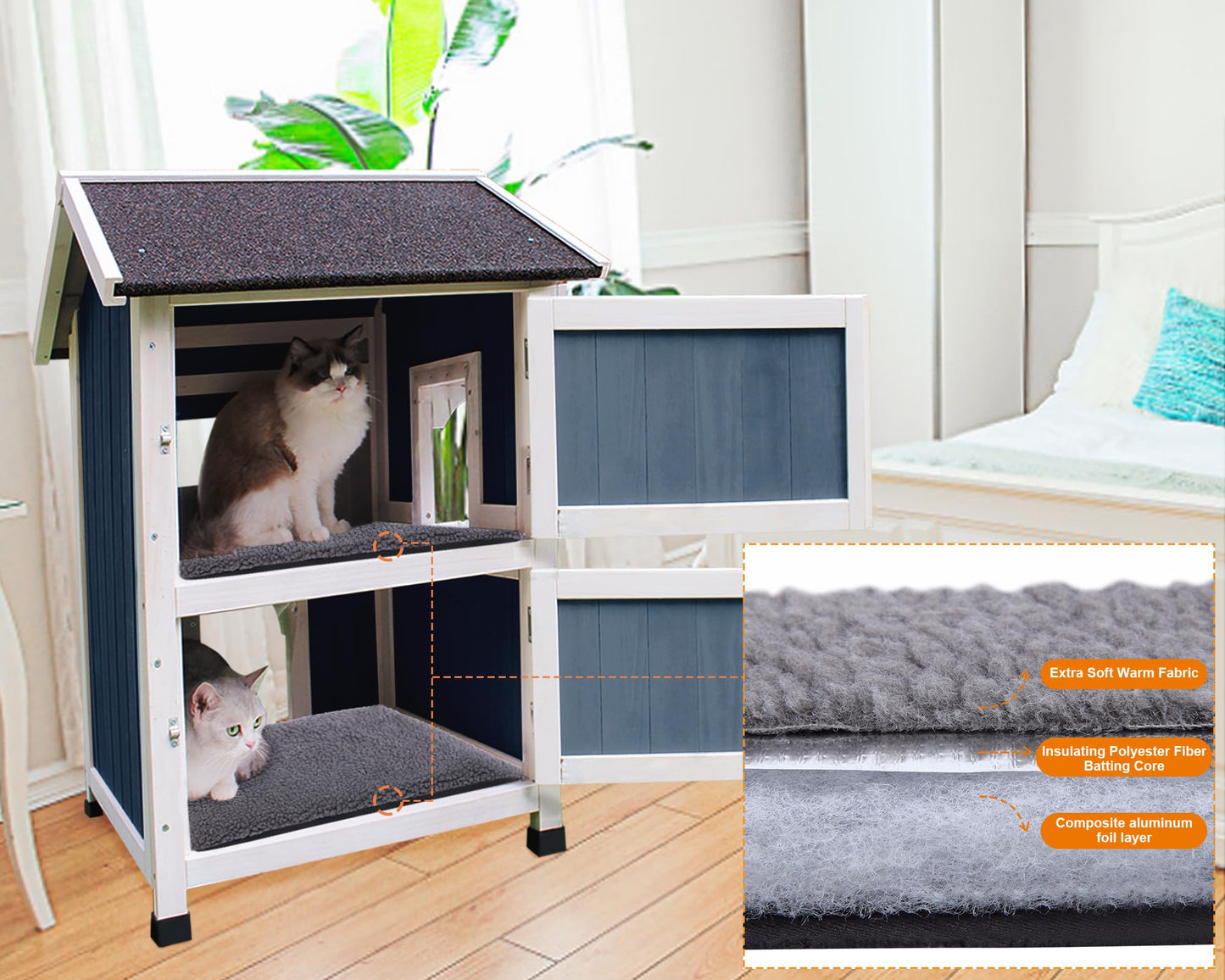Rockever Outdoor Cat House, 2 Story Outdoor Houses for Feral Cats Wooden Outside Cat Shelter Weatherproof with Escape Door