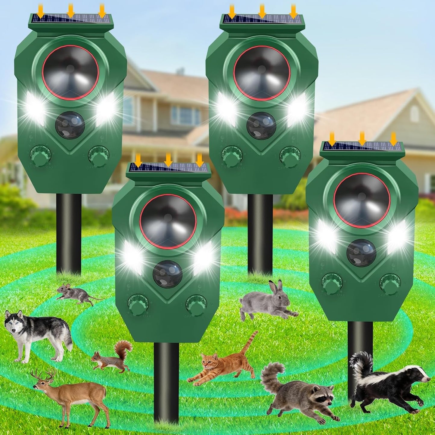 Ultrasonic Animal Repeller Outdoor - Cat Repellent & Deterrent with PIR Sensor & Flashing Light,Solar Powered Deer Repellent for Squirrel,Raccoon,Skunk,Rabbit,and Dogs,IP65 Waterproof （4 Pack）