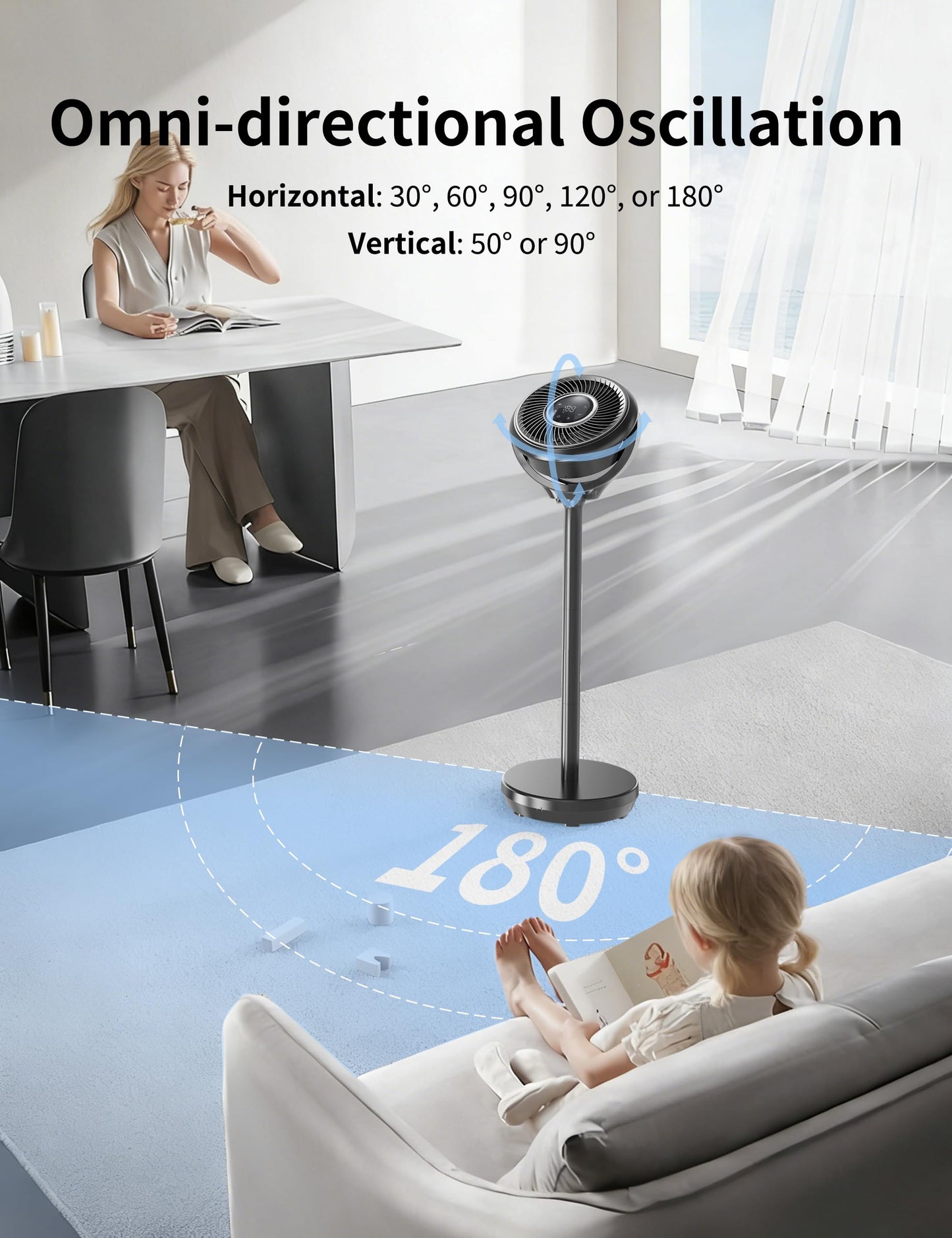 Standing Fan for Bedroom, Omnidirectional 180° Oscillating Quiet Pedestal Floor Fans, 25dB Ultra Quiet DC Cooling Fan Blows Cold Air with Remote, 15 Speed, 3 Modes, 12H Timer, 15-38" Height Adjustable