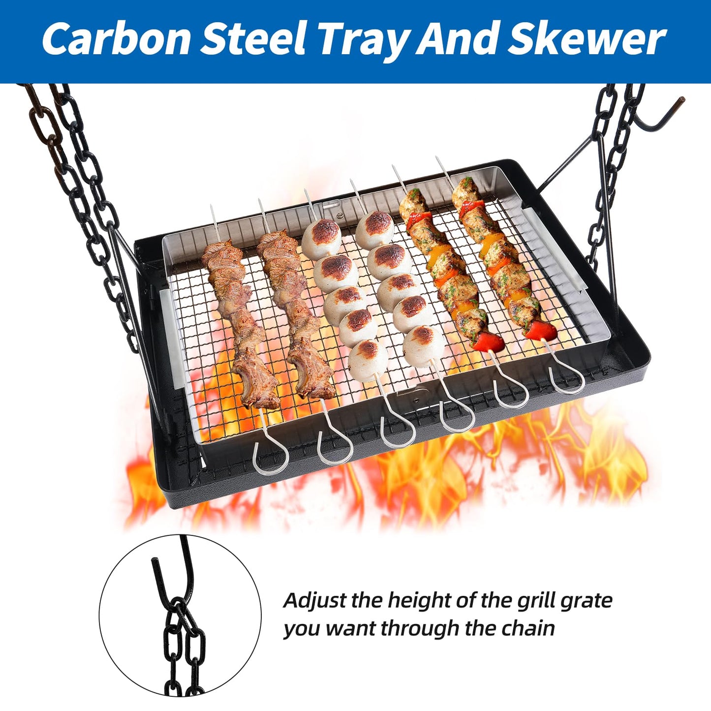 HONYTA Campfire Swing Cooking Grill Stand, Portable Hanging Cooking Rack with Collapsible Legs Adjustable Grill Grate and Hooks for Outdoor BBQ Picnic Cookware Party