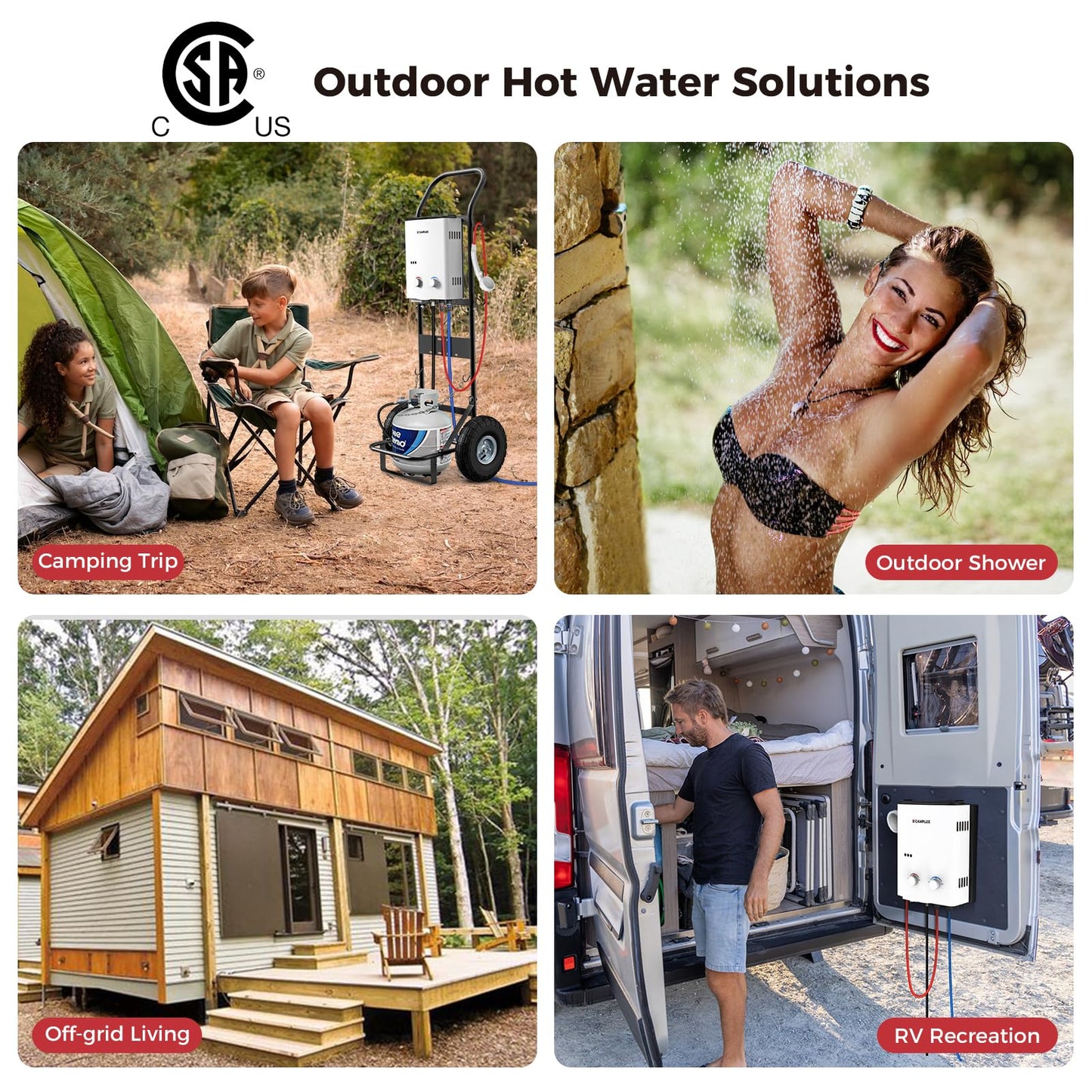 CAMPLUX 5L Portable Tankless Water Heater, 1.32 GPM Outdoor Propane Shower for Camping, RV, Off-Grid, Instant Hot Water with Folding Handle, Overheat Protection, Low Pressure Startup, AY132, White