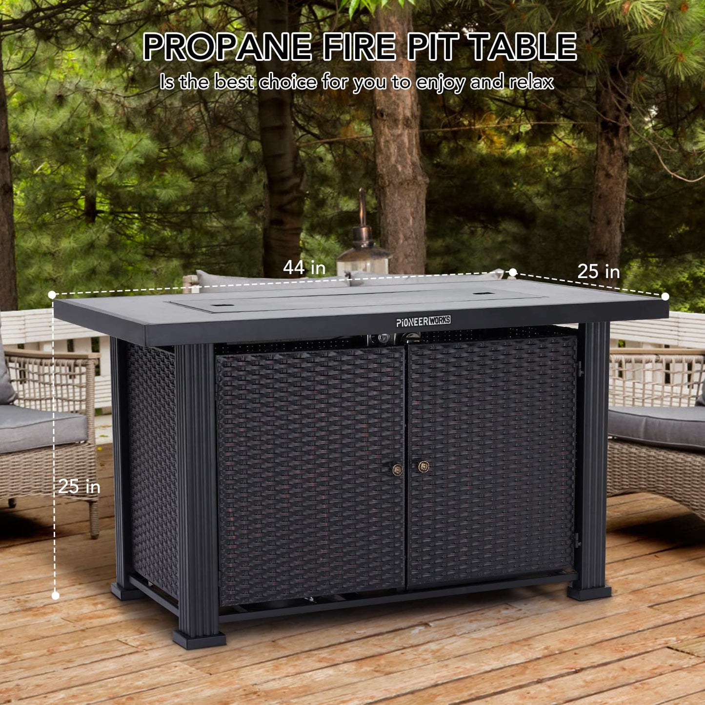 Garvee 44 in Propane Fire Pit Table (Double Door), 50000BTU Rectangle Fire Table with Cover & Rain Cover, Sturdy Steel and Iron Fence Surface, CSA Safety Certified, Companion for Your Garden