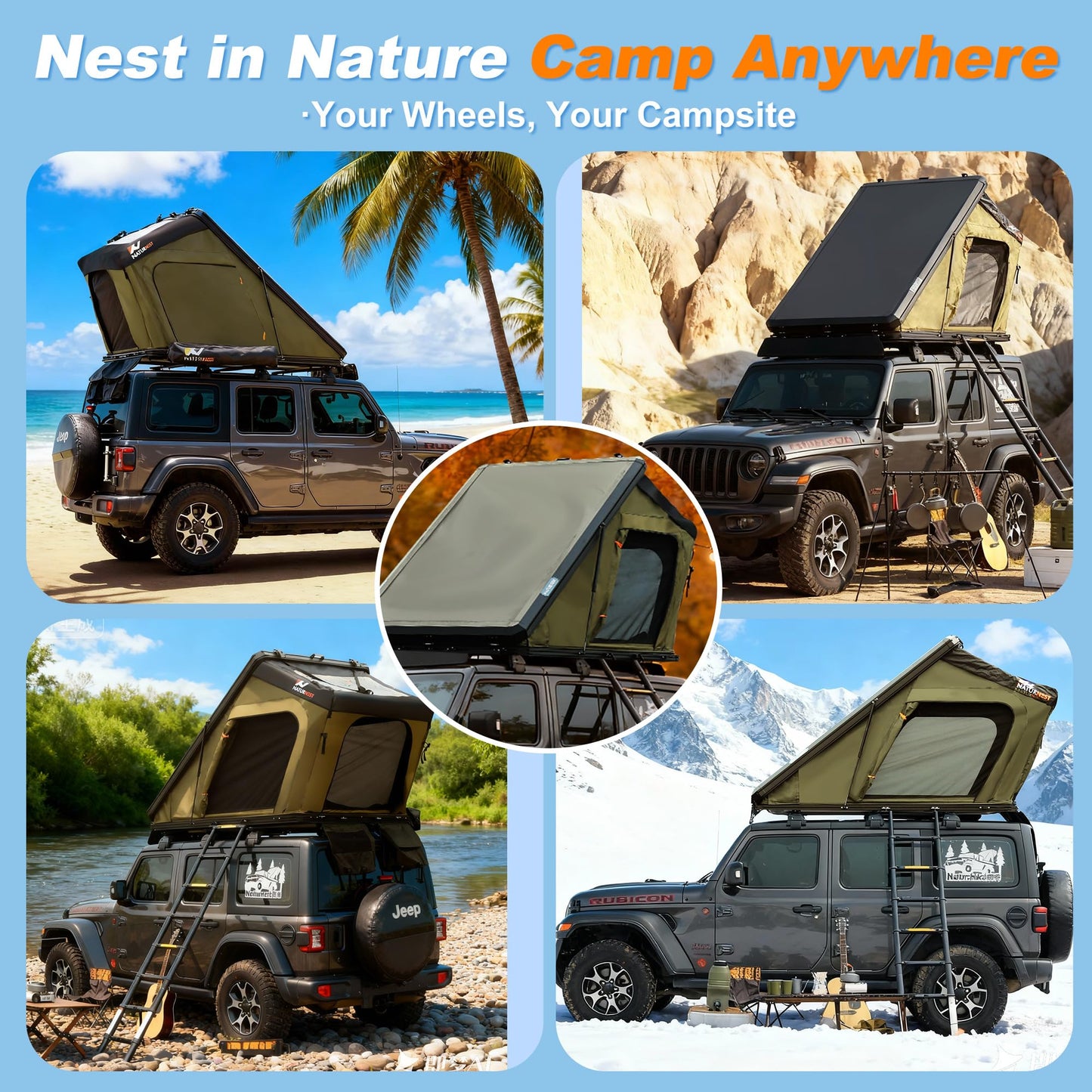 Naturnest Rooftop Tent Hard Shell, Easy Set Up Pop Up Tent for 2 Person Camping, Waterproof UV-Resistant Blackout Privacy 4 Season Tent for Truck, Jeep, SUV, Van, Trailer - Polaris 2