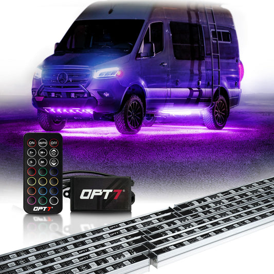 OPT7 Aura Aluminum Underglow for RV Exterior Lights w/Remote Control, 12V LED Waterproof Light Bars, Camper Van Neon Underbody Lighting Kit, RGB Multicolor Motorhome Travel Trailer, Outdoor Decor