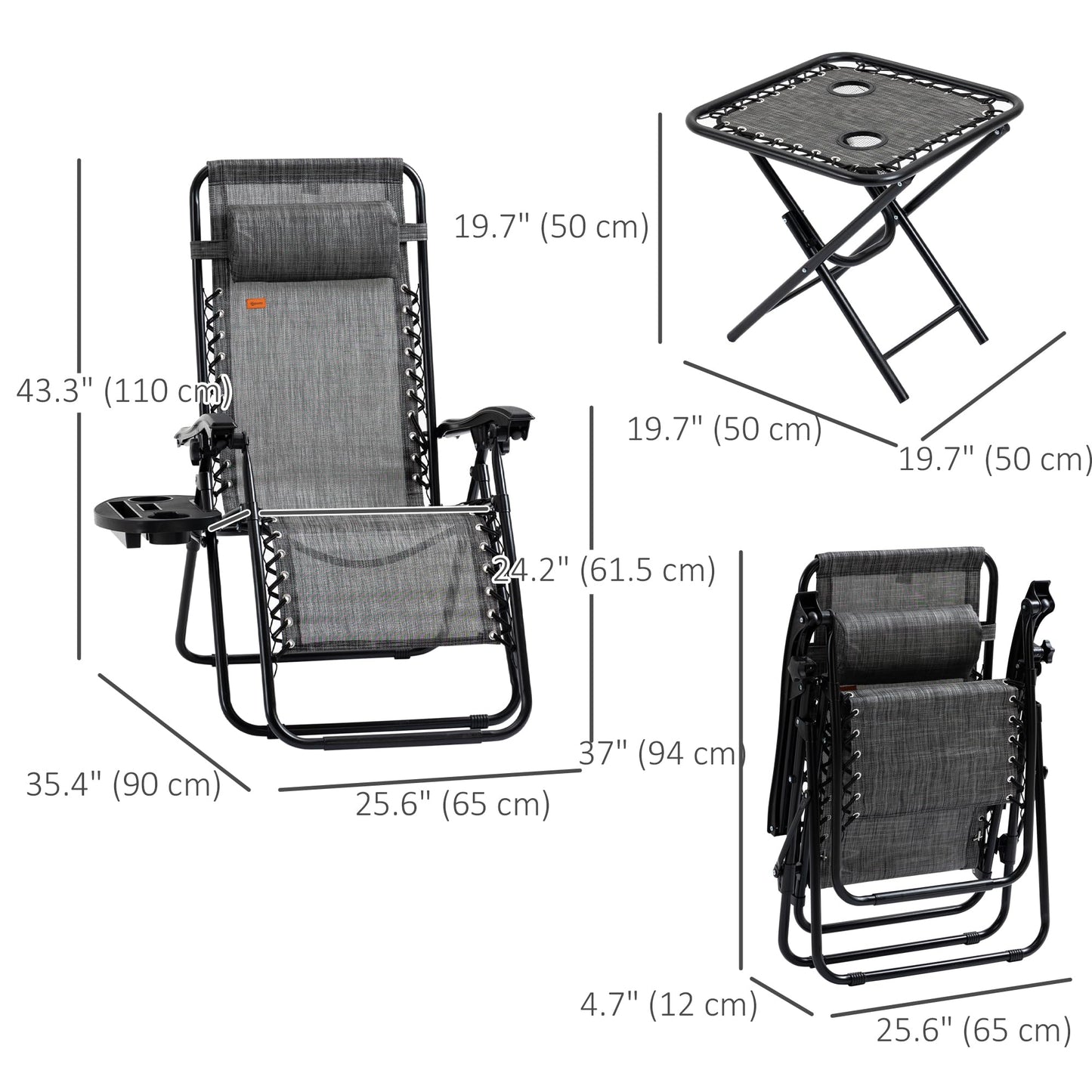Outsunny Zero Gravity Chair Set with Side Table, Folding Reclining Chair with Cupholders & Pillows, Adjustable Lounge Chairs for Pool, Backyard, Lawn, Beach, Gray