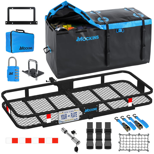Mockins 60"x24"x6" Folding Trailer Hitch Cargo Carrier w/ 25 Cu Ft Waterproof Cargo Bag for Hitch Carrier | Heavy Duty 500 lbs Steel Luggage Rack for SUV, Car & Truck w/Plate Bracket & Accessories