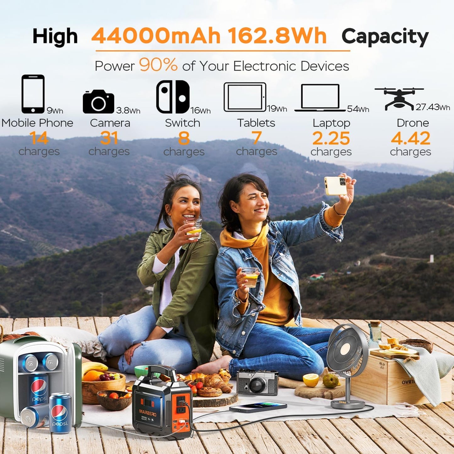 MARBERO Portable Power Station 100W Camping Solar Generator 162.8Wh Power Bank with AC Outlet 110V with Multi-Output LED Flashlights for CPAP Home Camping Hurricane Emergency