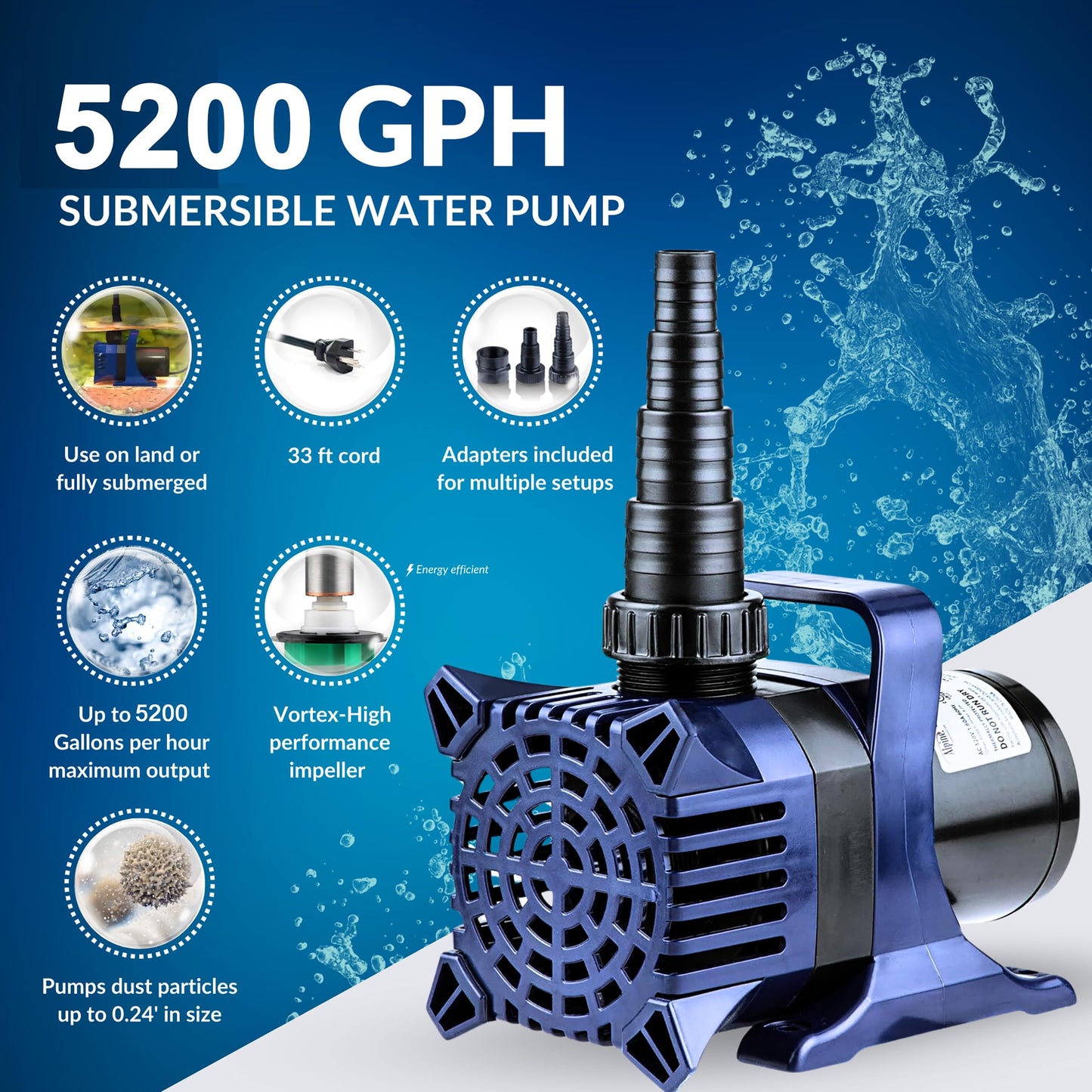 Alpine Corporation PAL5200 | 5200 GPH Submersible Water Pump with 33-ft Cord — Quiet 426W Motor, 25-ft Lift — Multi-Angle Flow for Ponds, Waterfalls & Fountains — Durable & Efficient (Blue)