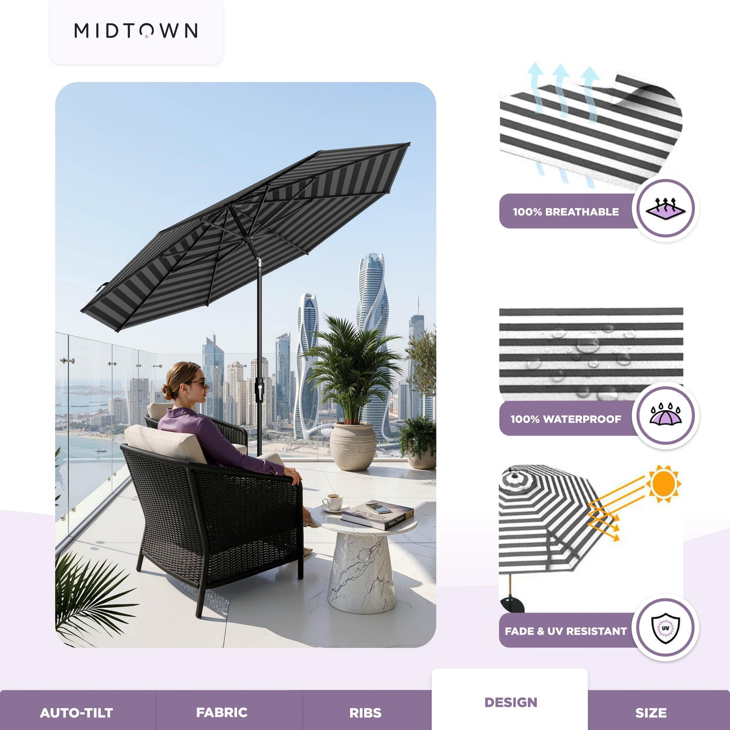 Midtown Umbrellas – The Swilt 9 Ft Patio Umbrella with 360° Swivel & Tilt Mechanism, Sunbrella Fabric & 8 Fiberglass Ribs – Outdoor Umbrella for Deck, Pool & Cafes – Black & White Canopy, Black Pole