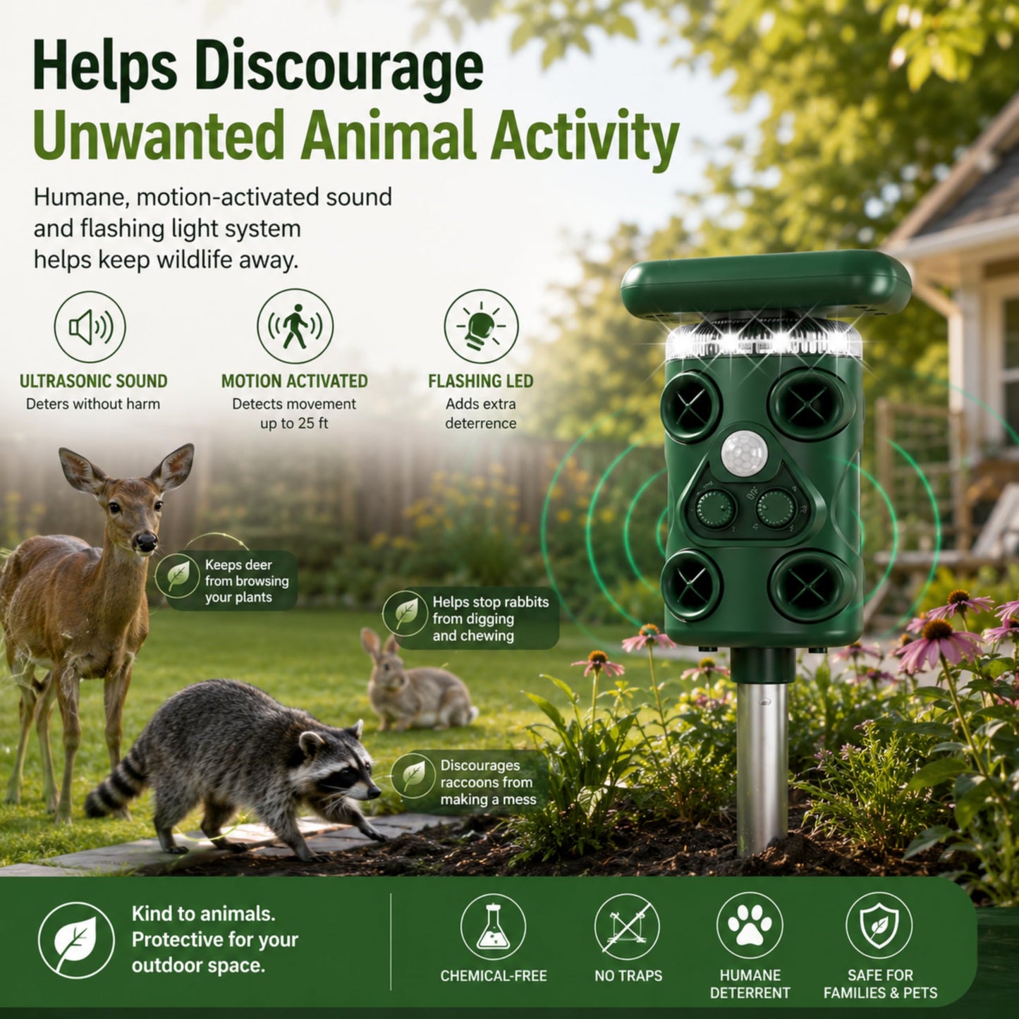 Solar Ultrasonic Deer Repellent Device – Animal & Raccoon Repellent Outdoor with Motion Sensor Flashing LED, IP54 Waterproof Wildlife Deterrent, 13.5–45.5KHz Dual Chip Pest Repeller 4PK