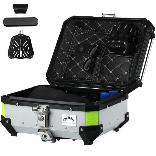 Gurblofy Motorcycle Top Box, 25L Aluminum Compact Motorcycle Top Case with Anti-Theft Lock System, Waterproof, Easy Installation with Universal Bracket, Back Cushion Included, Silver, GBTC-25S