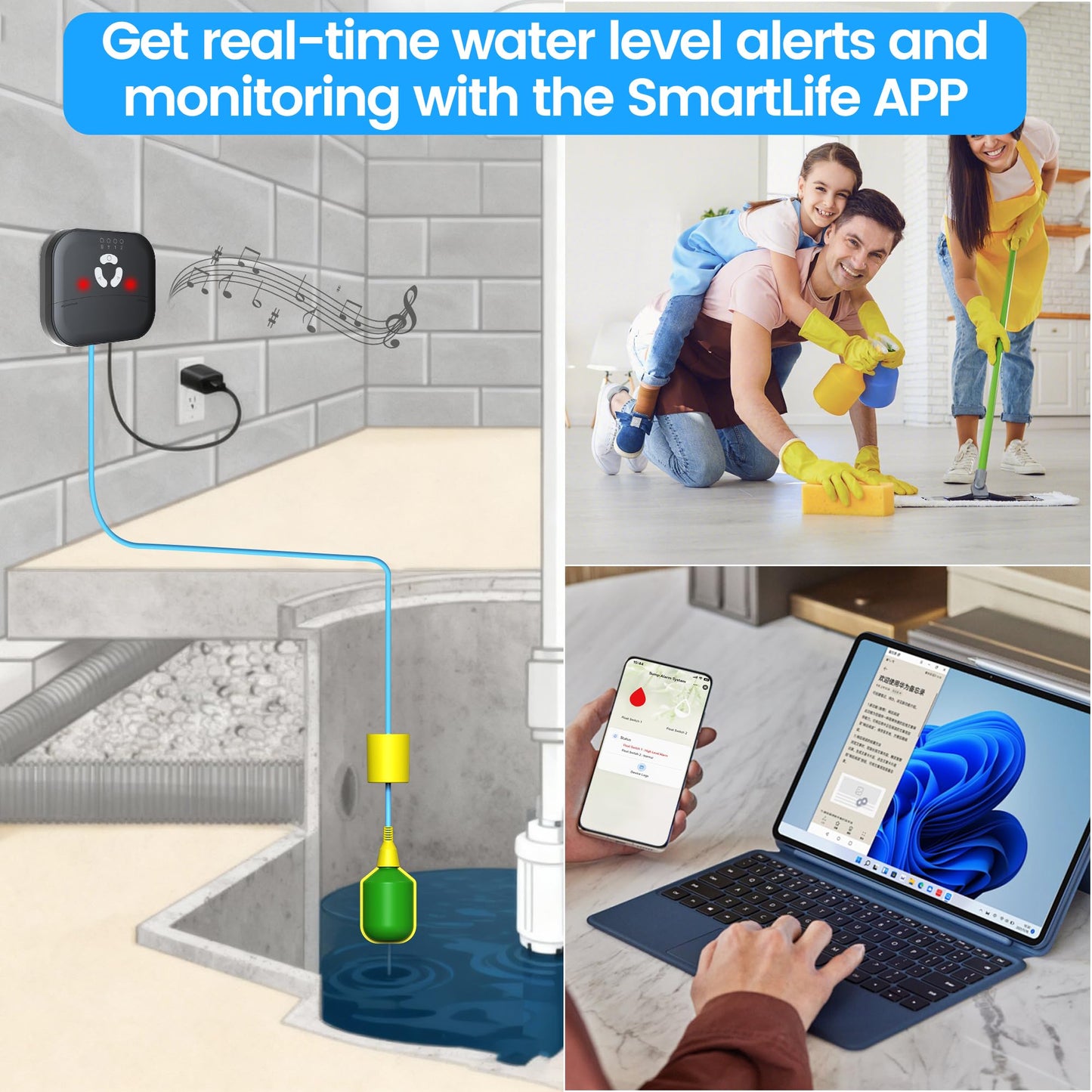 LUCKYDUO WiFi High/Low Sump Pump Alarm, Built-in Backup Battery, Smart Water Level Alert with App Notification,Water Lever Sensor Detector with 10ft Tethered Float Switch,110dB Loud Alarm,LED Flashing
