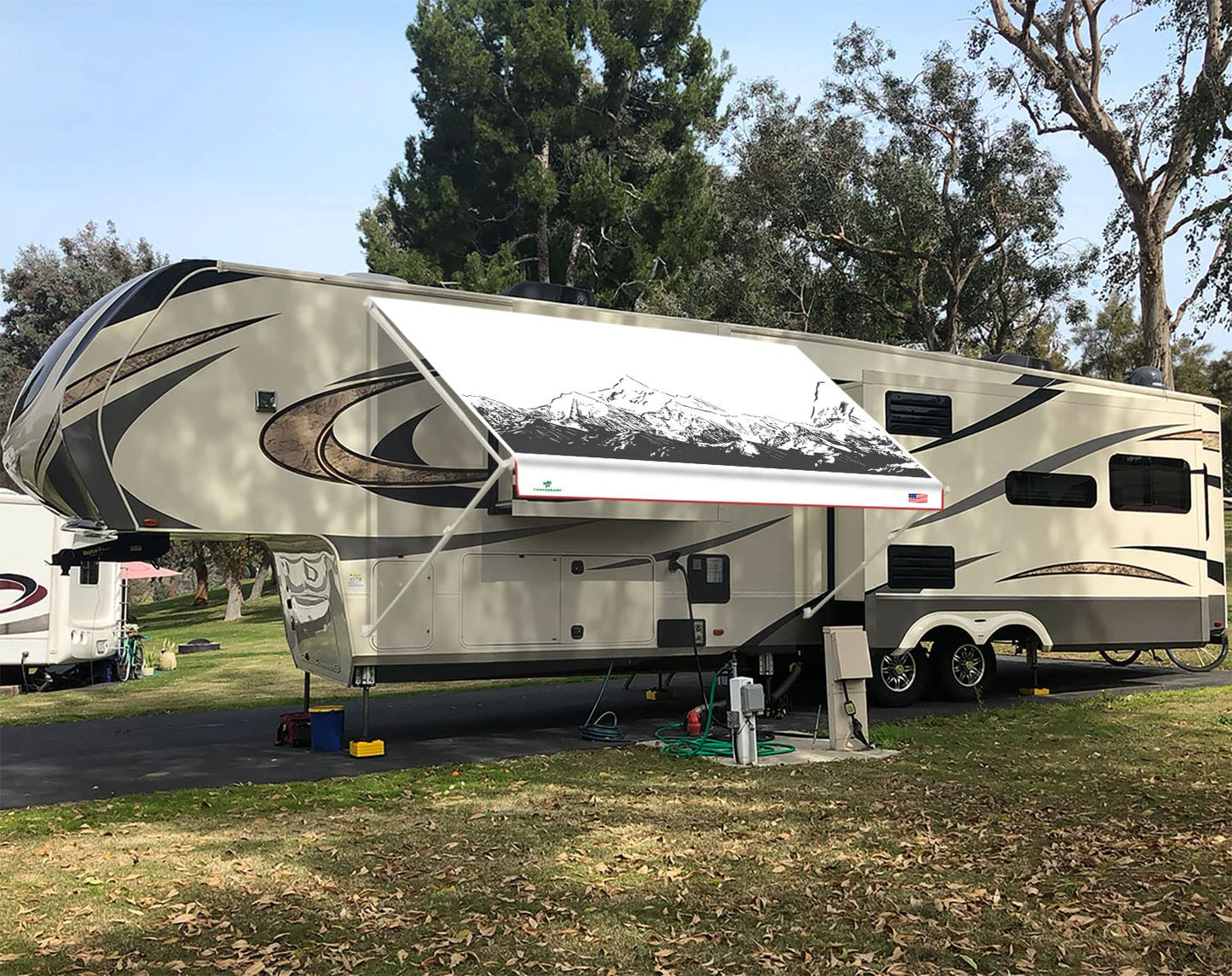 Leaveshade RV Awning Fabric Replacement Camper Trailer Awning Fabric Super Heavy Vinyl Coated Polyester 9'3''(Fit for 10' Awning)-Mountains (Custom Looking)